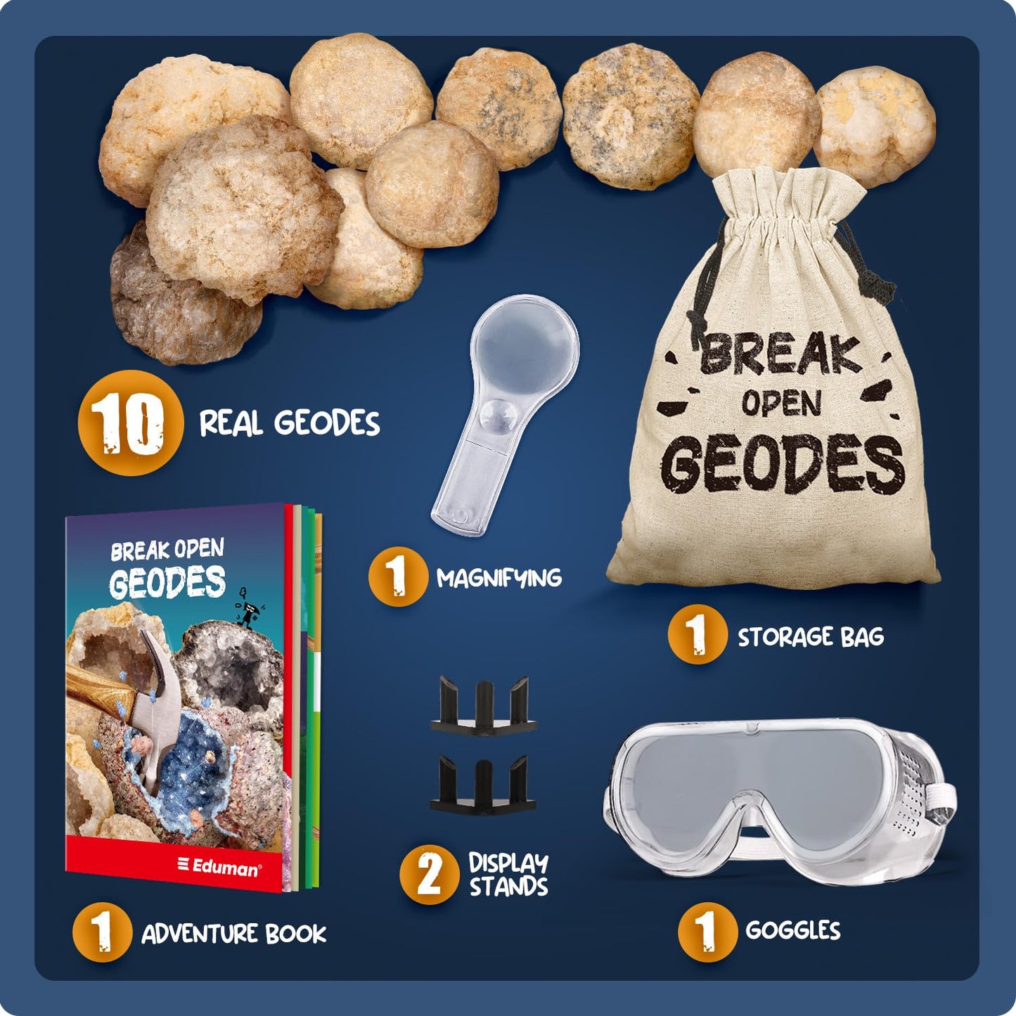EDUMAN Geode Kit - 10 Premium Crystals for STEM Learning - Model EDM169 - Educational Science Toys for Boys & Girls