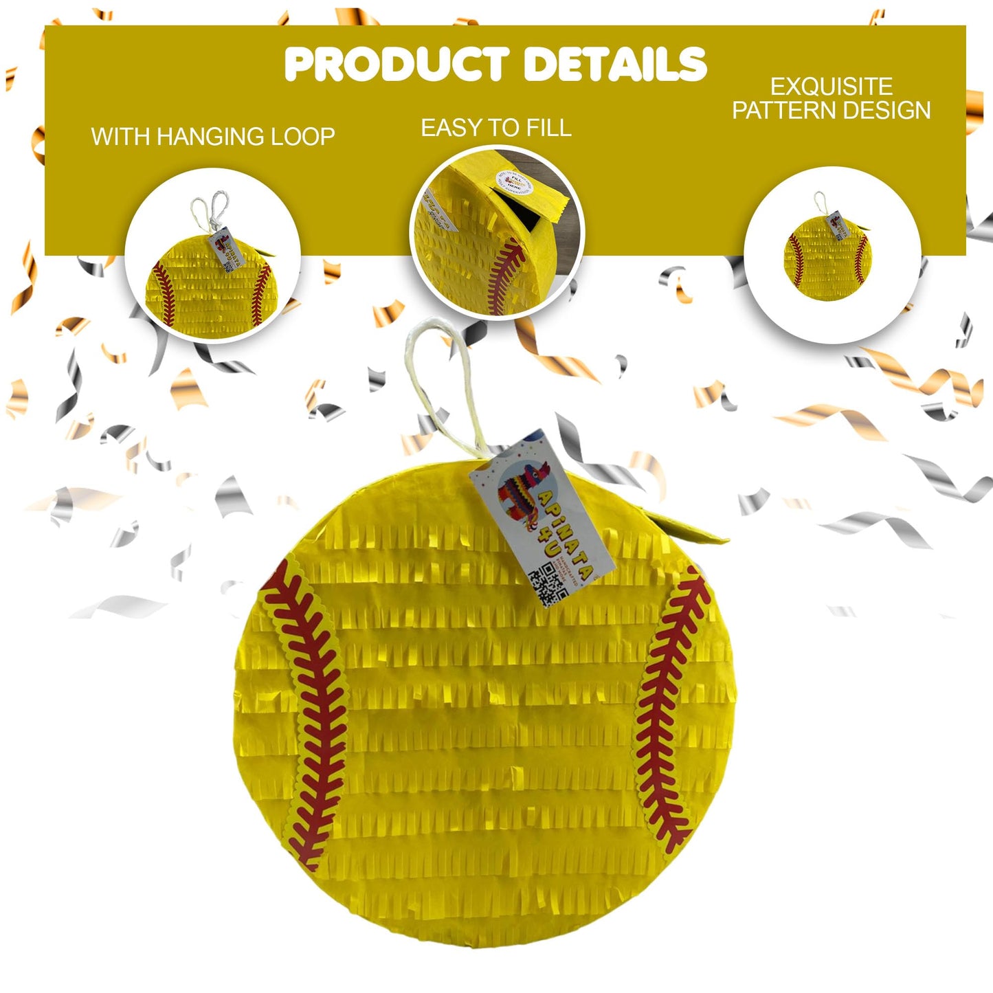 Apinata4U Yellow Softball Pinata, Softball Themed Birthday Party Decorations And Supplies, Softball Pinata For Sports Lovers And Party Favour, Outdoor Game Party Decor, 16 X 16 X 4 Inches