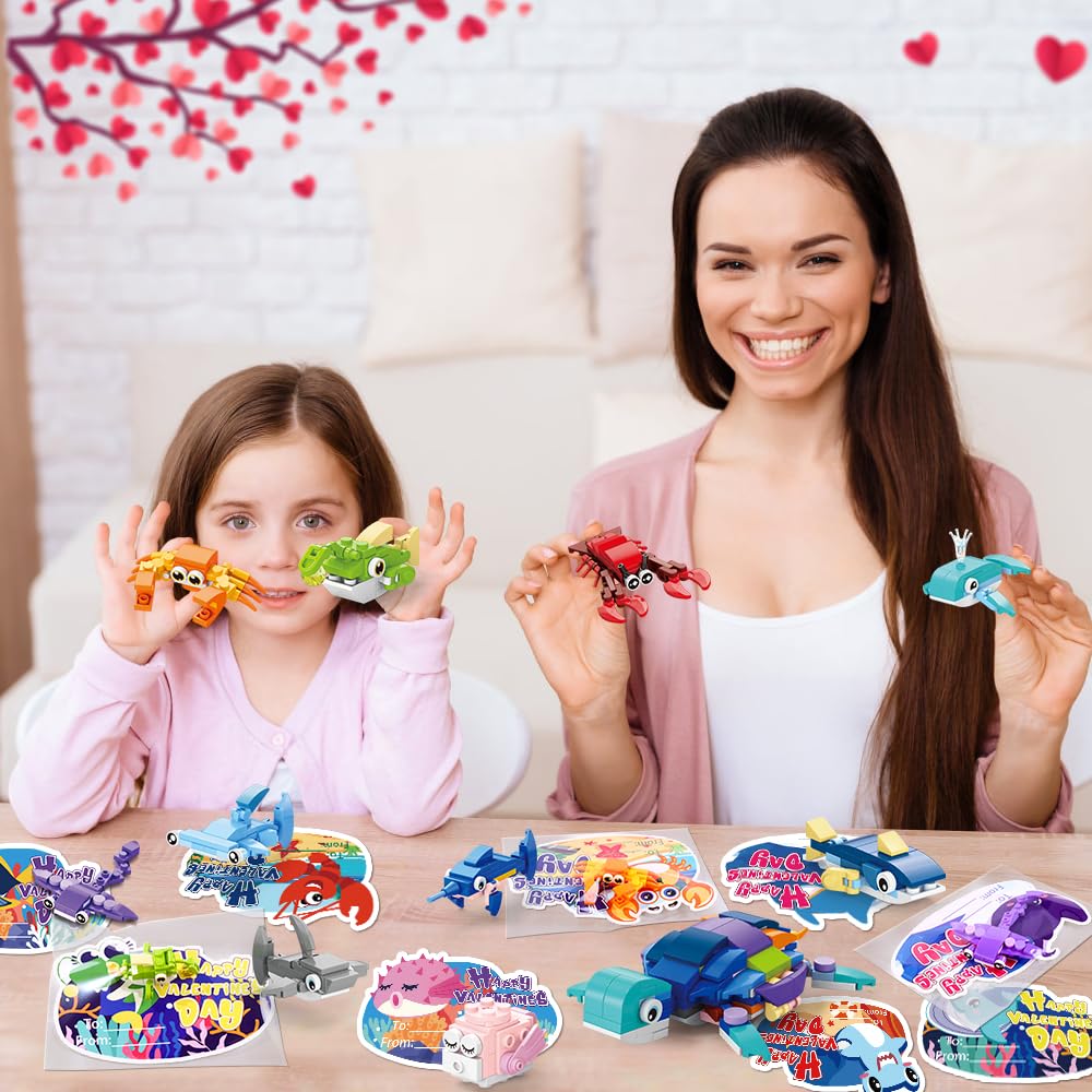 Diydec 30Pcs Valentines Building Blocks, Valentine'S Day Gifts Toys For Kids Marine Animals Building Toys With Cards For Boy Gir