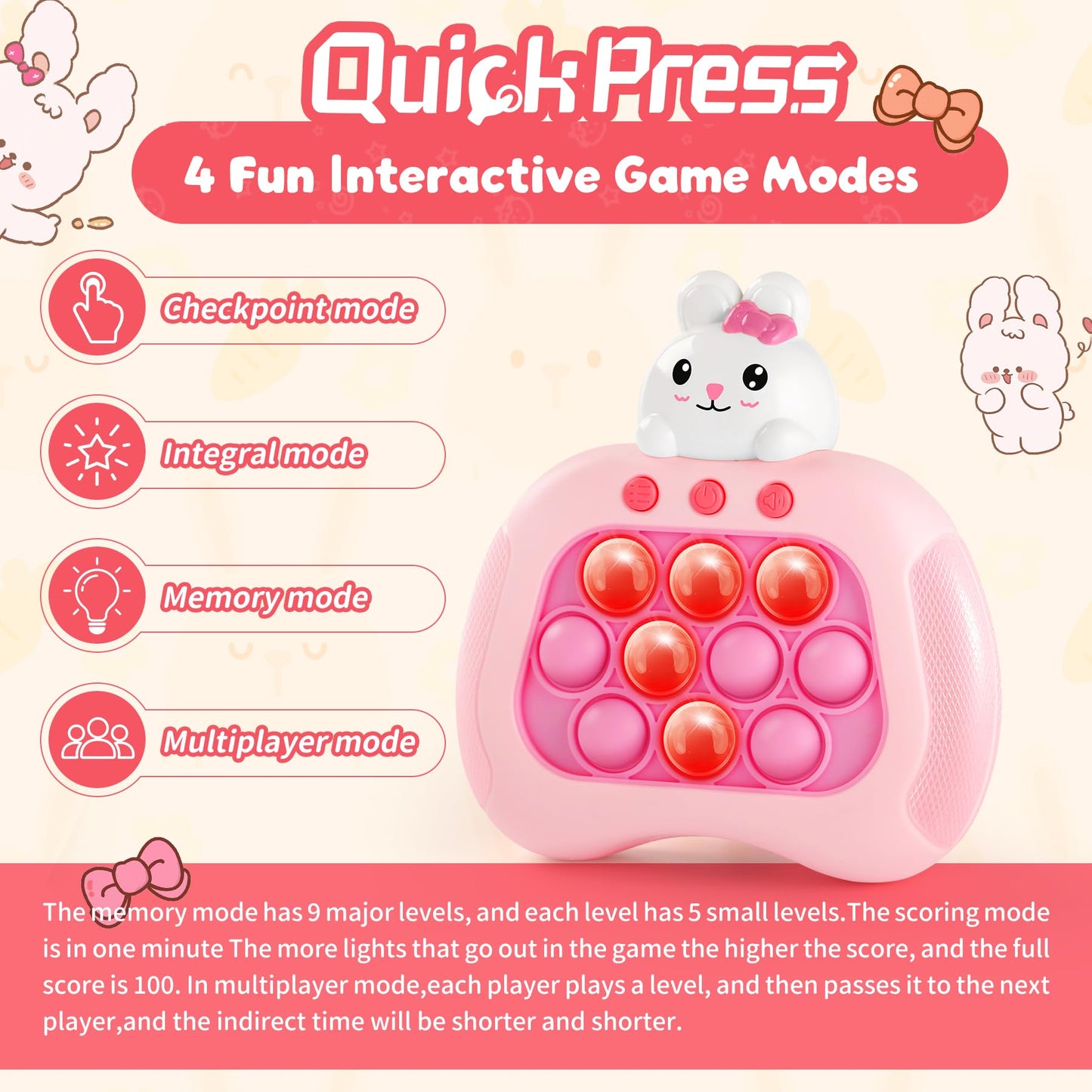 Rabbit Pop Push Game Fidget Toy for Kids Ages 3-12,Handheld Fast Push Game Bunny Console Fidget Toys for Girls Boys,Light Up Sen