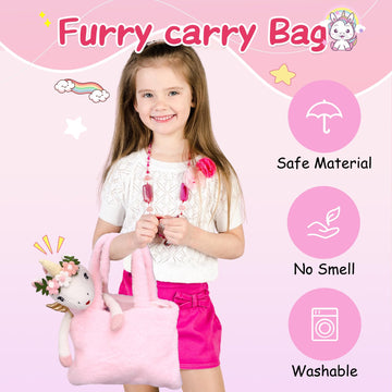 Unicorn Doll Stuffed Animal Toys For Girls - Ballerina Doll | Plush Carrier Bag | 3 Set Cloth Accessories, Kids Pretend Play Doll Pet Care, Birthday Gift For 3 4 5 6 Year Old Little Girl Unicorn Toys
