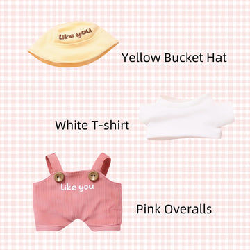 17cm Doll Designer Clothes  enhanced Doll Outfit Set Accessories with Tshirt  Pink Overall  Pink Camera  Glasses  Shoes  Yellow Bucket Hat  Pink