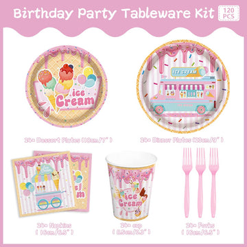 Ice Cream Party Supplies Summer Birthday Disposable Tableware Set Pink Plates Napkins Cups Birthday Party Dinnerware For 24 Gues