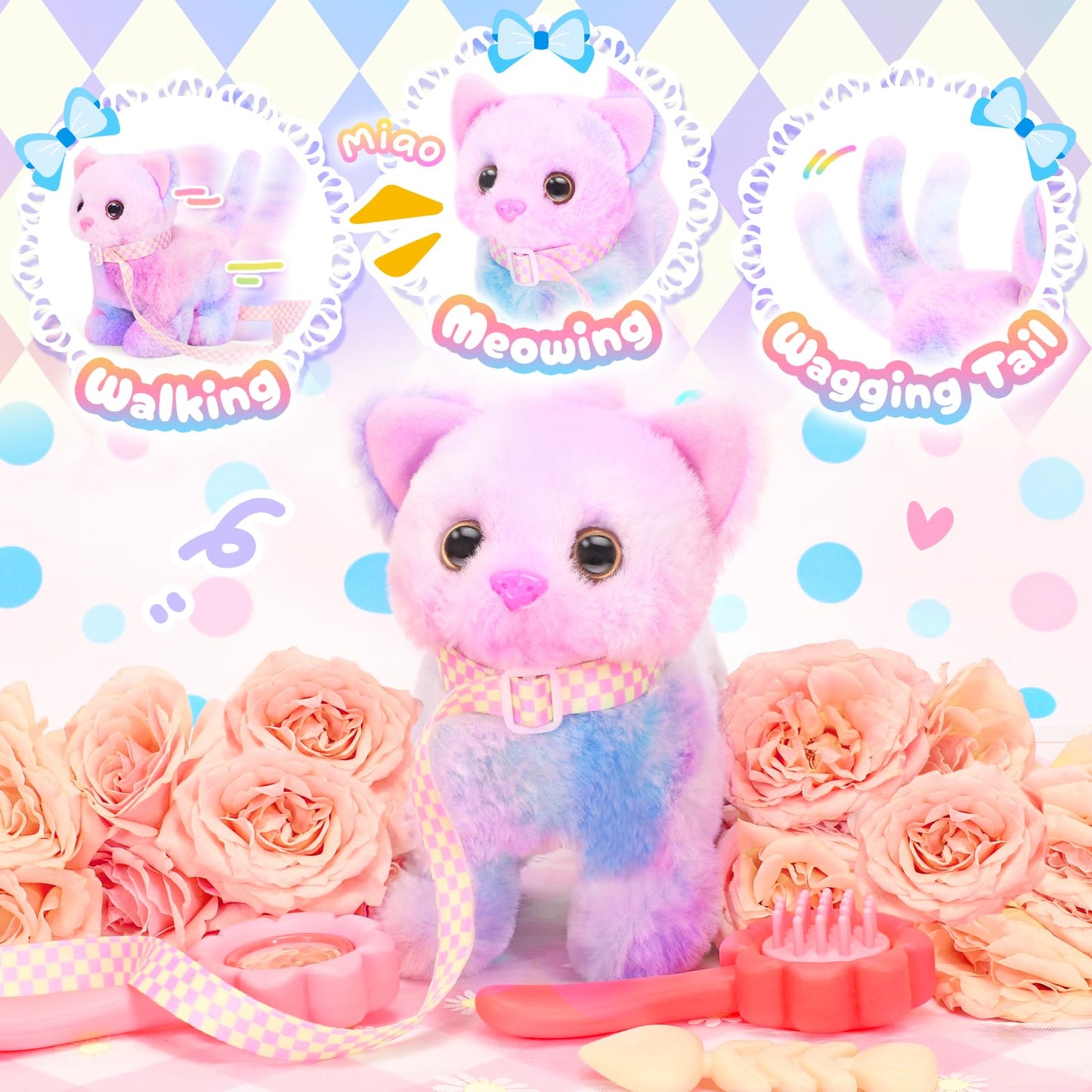 Tagitary Plush Toys Cat For Kids,Interactive Electronic Cat Toys That Can Move,Meow And Wag Tail,Stuffed Toys For Kids With Leas