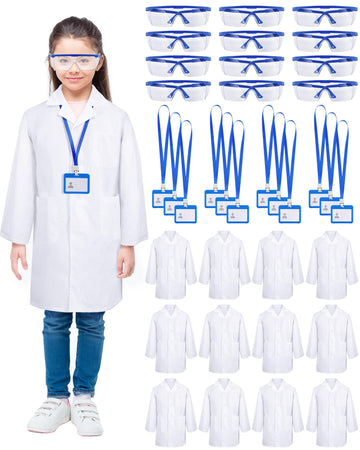 Xtinmee Kids Lab Coat Set - 12 Sets, 36 Pcs, Small, White & Blue, Includes Goggles & ID Card, Perfect for Halloween Dress-Up