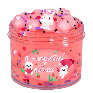 Easter Basket Stuffers Prefilled Bunny Clear Slime Pack, Crunchy Glossy Non Sticky Pink Crystal Slime Toy with Cute Rabbit Charm