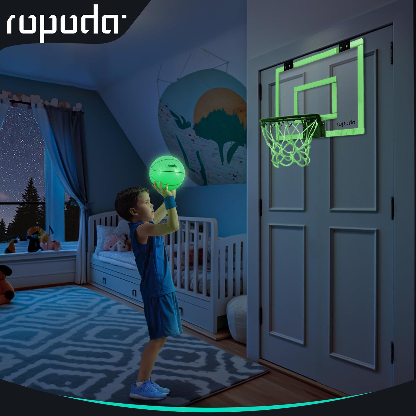 Ropoda Mini Basketball Hoop - Glow In The Dark, Over The Door Basketball Hoop Indoor, Indoor Basketball Hoop Backboards For Teens And Adults, Mini-Basketball Hoop For Kids With 4 Balls And Pump