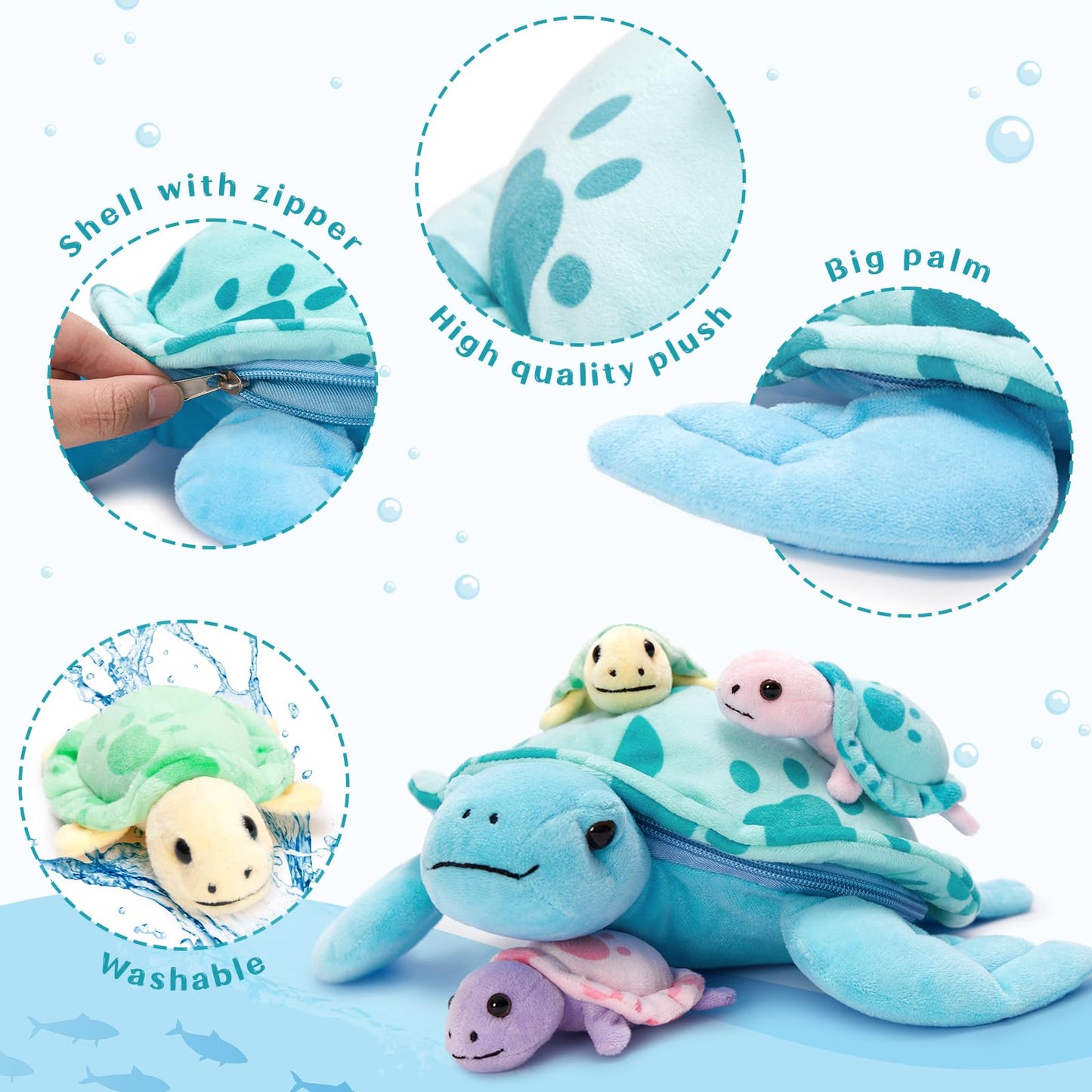 Muiteiur Plush Sea Turtle Stuffed Animal Set with 3 Babies, Multicolored, Soft Blue Toy for Kids, Model W154_5_32