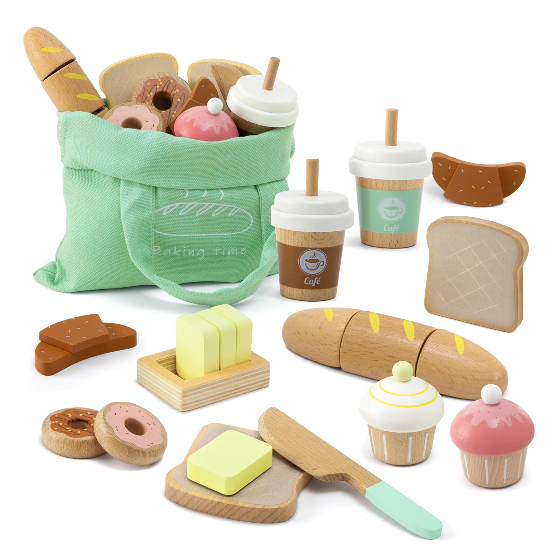 17 PCS Wooden Bakery Toy Food Playset for Kids, Pretend Picnic Play Food for Toddlers 3+, Play Kitchen Accessories with Shopping
