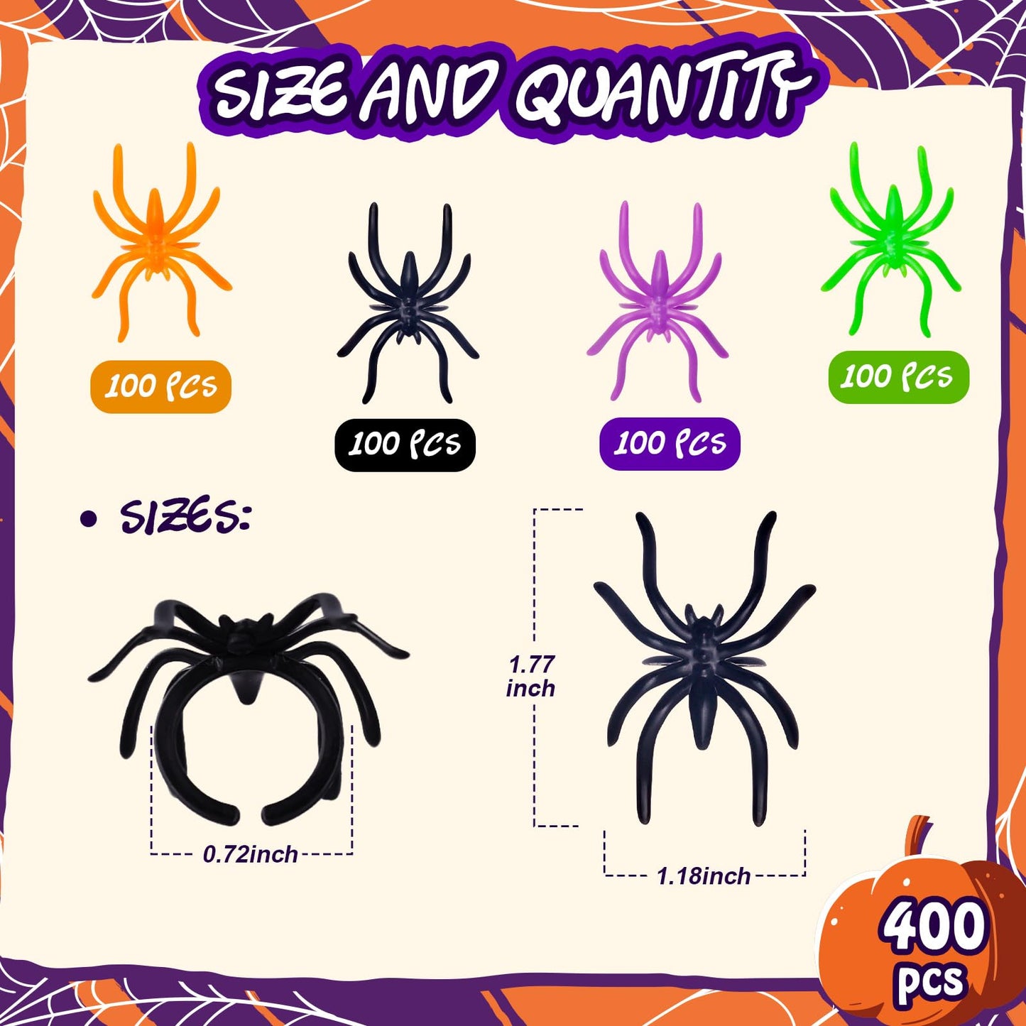 MGparty 400pcs Colorful Spider Rings Halloween Rings for Kids Party Supplies ,Plastic Spider Rings Bulk for Kids Halloween Party