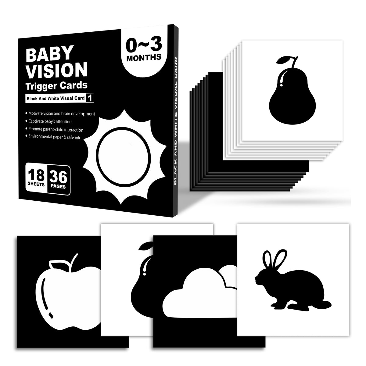 Lefan New Born Baby Essentials: High Contrast Black And White Vision Flash Cards 18 Cards, 36 Pages, Ideal Toys For 6 To 12 Mont