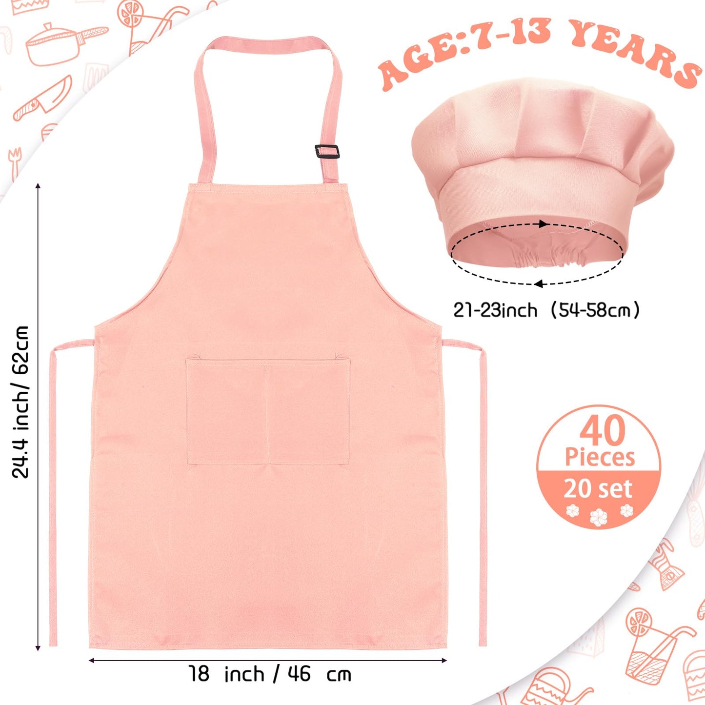 40 Pcs Kids Apron Chef Hat Set Boys Girls Aprons Chef Apron Hats Bulk for Cooking Painting Children's Bib Apron 7-13 Years (Mixe
