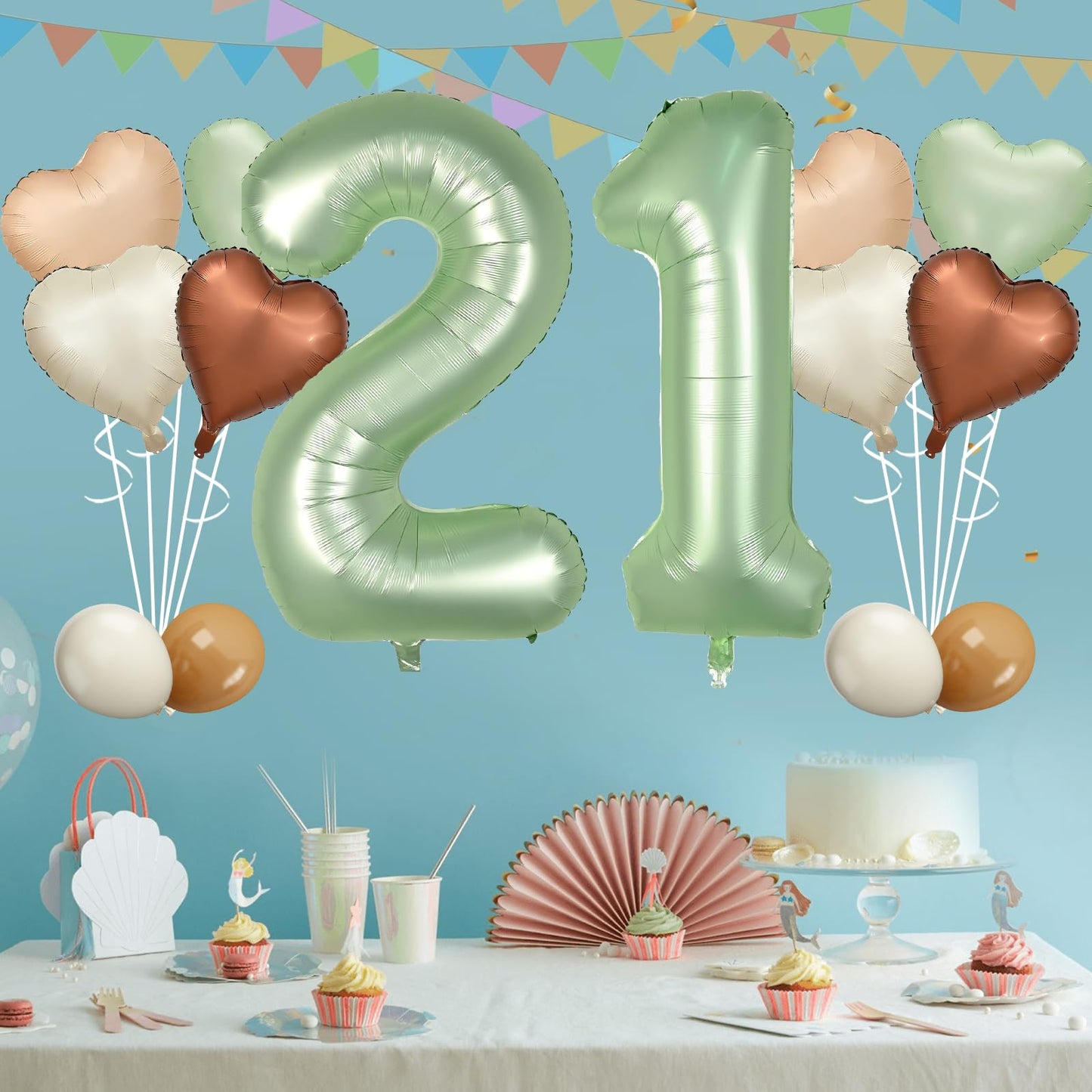 Biapian 40 Inch Sage Green Number 21 Balloons, Large Foil Number 2 & 1 Balloons With 18'' Olive Green Heart Balloon For 21St Yea