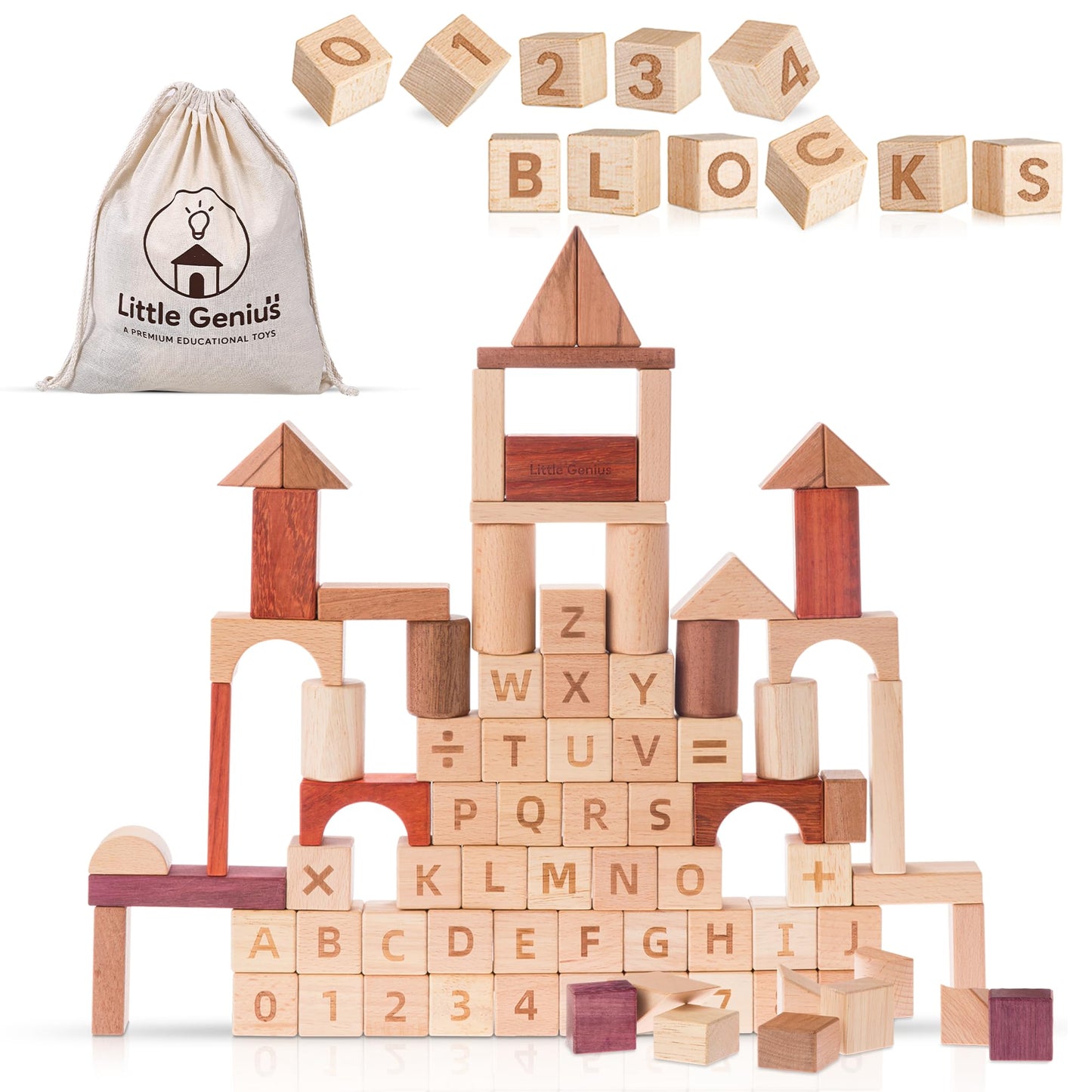 Hexagon Wooden Building Blocks for Toddlers & Kids Ages 3-8 | 86 PCS Montessori Alphabet & Number Set | FSC Beech Wood STEM Toy w/Storage & Learning Guide