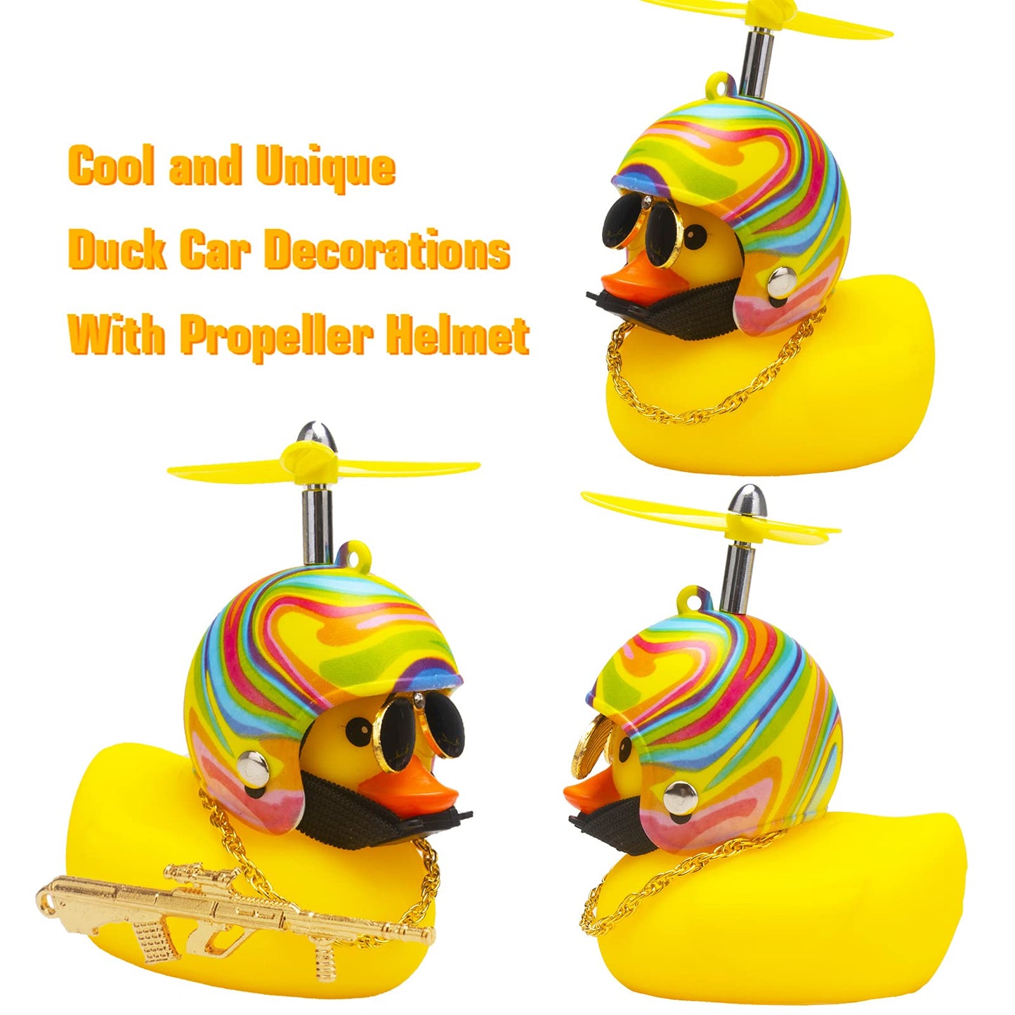 wonuu Rubber Duck Car Ornaments Cool Yellow Duck Car Dashboard Decorations Squeaky Glasses Duck with Propeller Helmet for Car ccessories Dashboard (Rainbow-Yellow G)