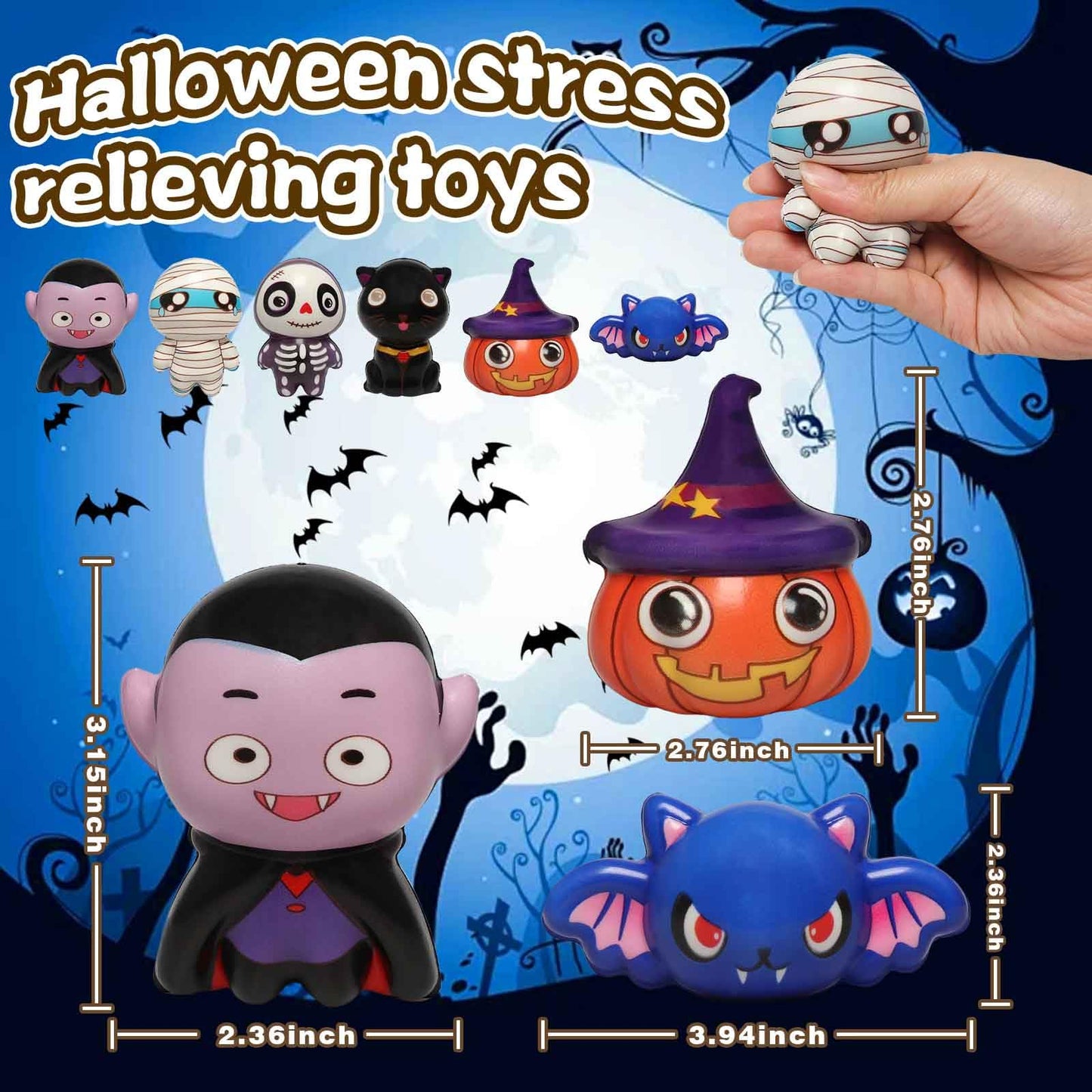 FauKait New 6 Packs-Halloween Squishies Toys Slow Rising, Gift Box Includes Pumpkin, Vampire,Black Cat,Mummy,Human Skeleton, Bat