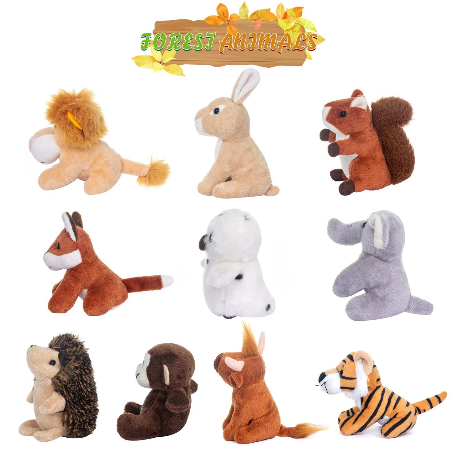 My Oli 10 Pack Plush Wild Animals Toys 3.5 Inch Jungle Small Stuffed Animal Bulk Plush Toys For Kids, Plush Tiger Lion Elephant Monkey Hedgehog Rabbit Squirrel Owl Fox Bison