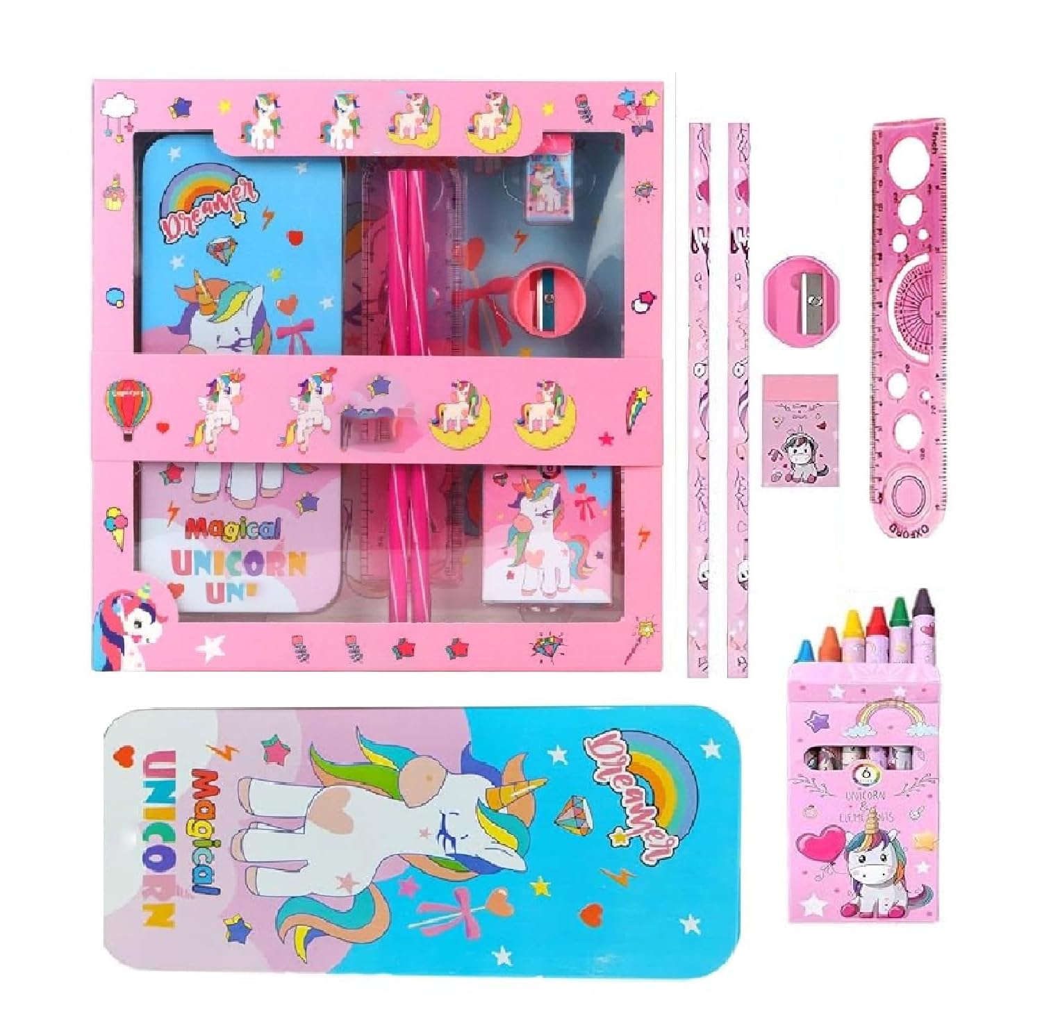 Magical Unicorn Stationery Gift For Kids Unicorn Pencil Pouch Pencil Case For Girls Metal Geometry Box With Cryons, Pencil, Eras