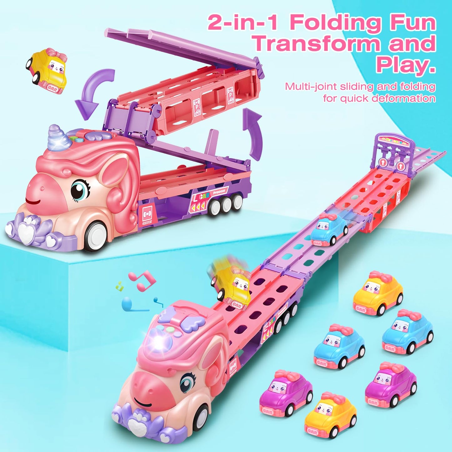 Car Toys for 3 4 5 6 7 Year Old Toddler Girl, Toys Truck & Foldable Race Track Car Toys with Light & Sound, Birthday Gift for Ki