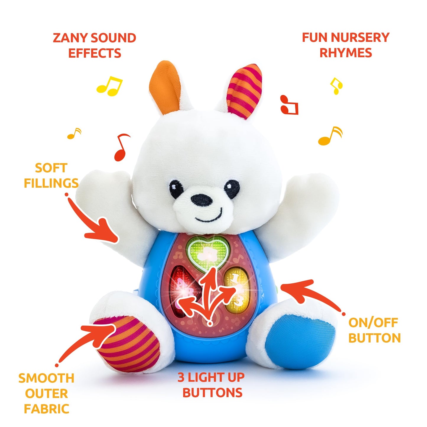 Kiddolab Bunny Plush Toy - Musical Stuffed Animals With 3 Light-Up Buttons, 4 Children'S Nursery Songs & Sound Effects - Soft Learning Toy For Infants, Babies, And Toddlers Aged 3 Months And Up