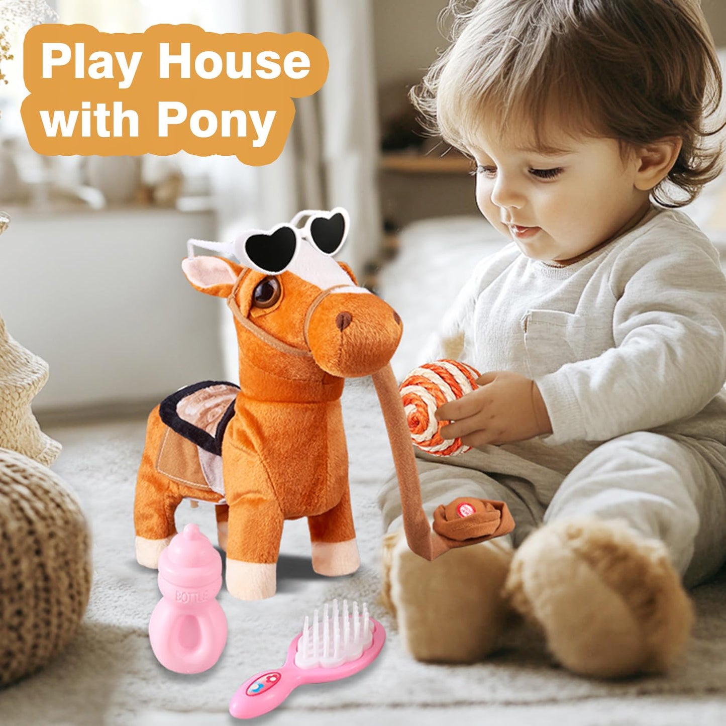 Marsjoy Interactive Plush Walking Pony Toy - Musical, Dancing, Brown, 11.81" for Kids Ages 3+