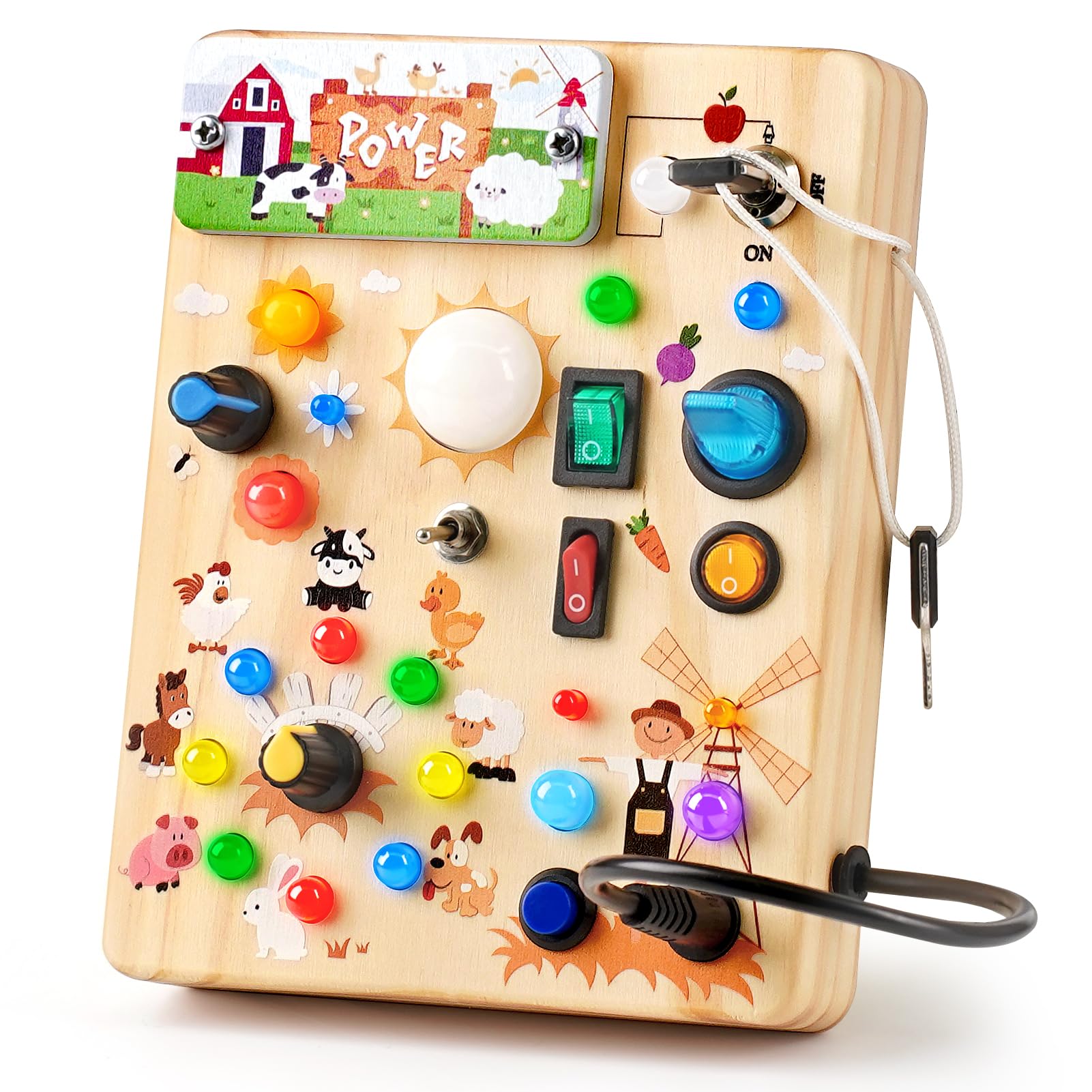 Joyreal Montessori Busy Board Wooden Sensory Toys for Toddler with LED Light Up Switch  Baby Fidget Board Travel Toys for 18+ Months  1 2 3 Year Old Boys Girls Toddler Toy Gifts (Farm)