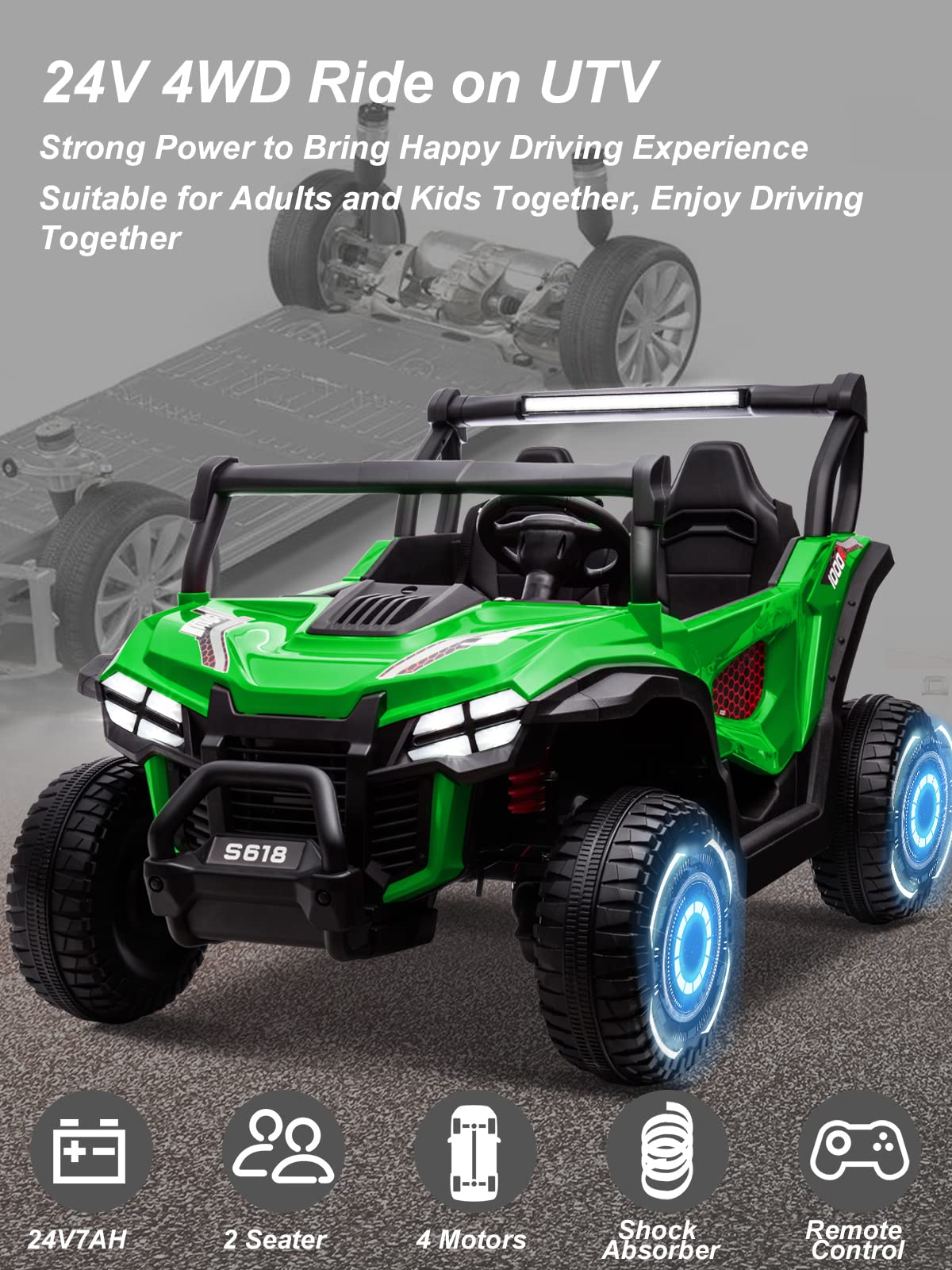 OTTARO 24V XXXL Ride on Cars 2 Seater  Electric Cars Vehicles for Big Kids  4WD Ride on UTV Truck w/Remote Control  25 Spacious Seat  2 Safety Belts  Bright Light  Music Player Bluetooth(Green)