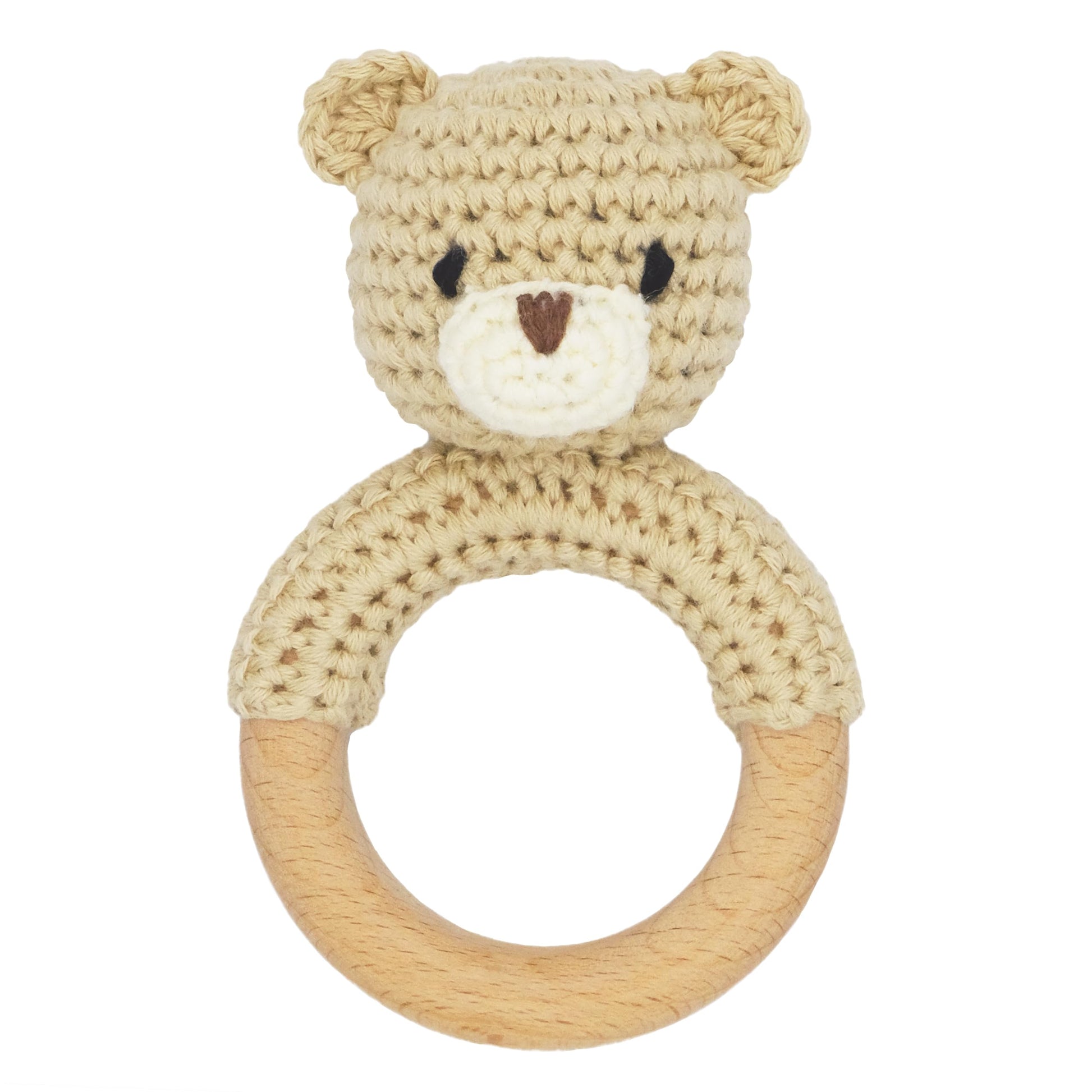 Joliecraft Safari Animals Wooden Baby Rattle Toys Stuffed Crochet Rattle With Teether Ring For Newborn, Beige Bear