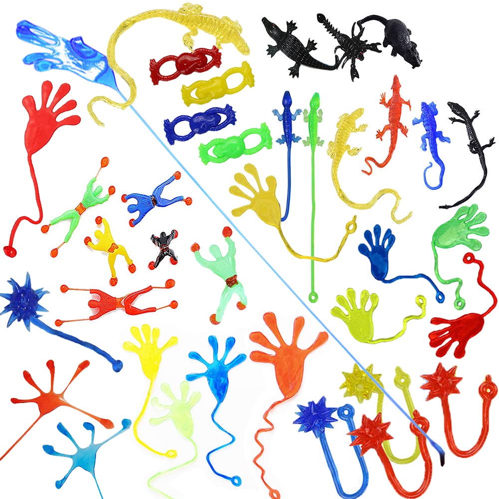Wankko 72 Pieces Vinyl Stretchy Sticky Toy Assortment Including Wall Climber Men, Sticky Animals, Large Sticky Hands, Sticky Ham