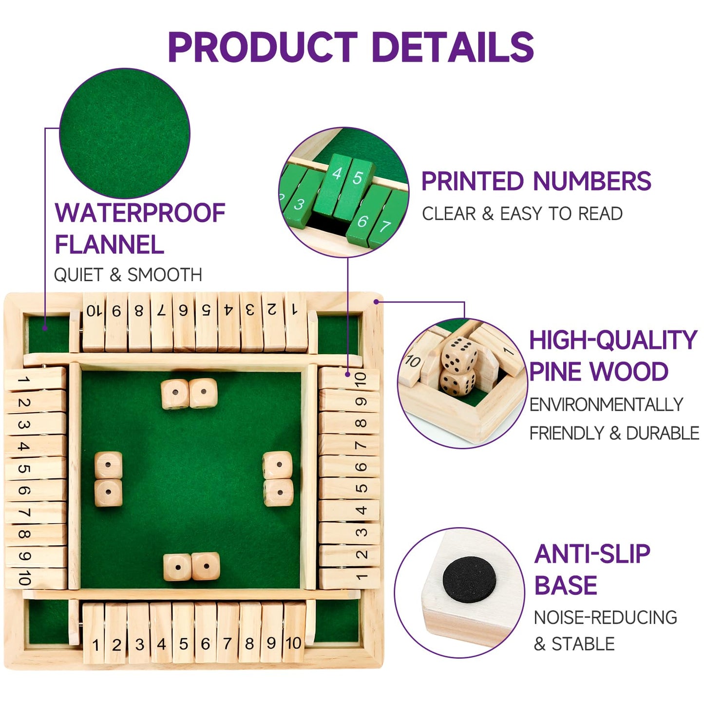 Kiapeak 1-4 Players Shut The Box Dice Game, Traditional Wooden Pub Bar Board Game, Family Classics Tabletop Version Games For Cl