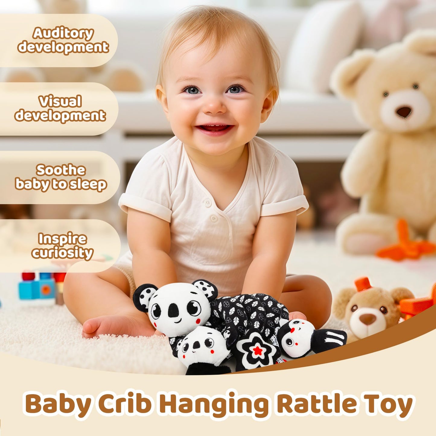 Fnqutoy Baby Stroller & Carseat Toys Hanging Black And White High Contrast Baby Toys For Newborn Plush Sensory Activity Toys Bab