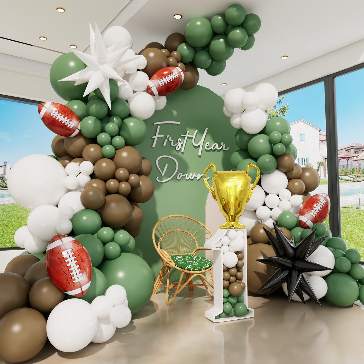 Football Balloon Arch kit, Brown White Sage Green Football Decorations, First Year Down Birthday Party Decorations, Football The