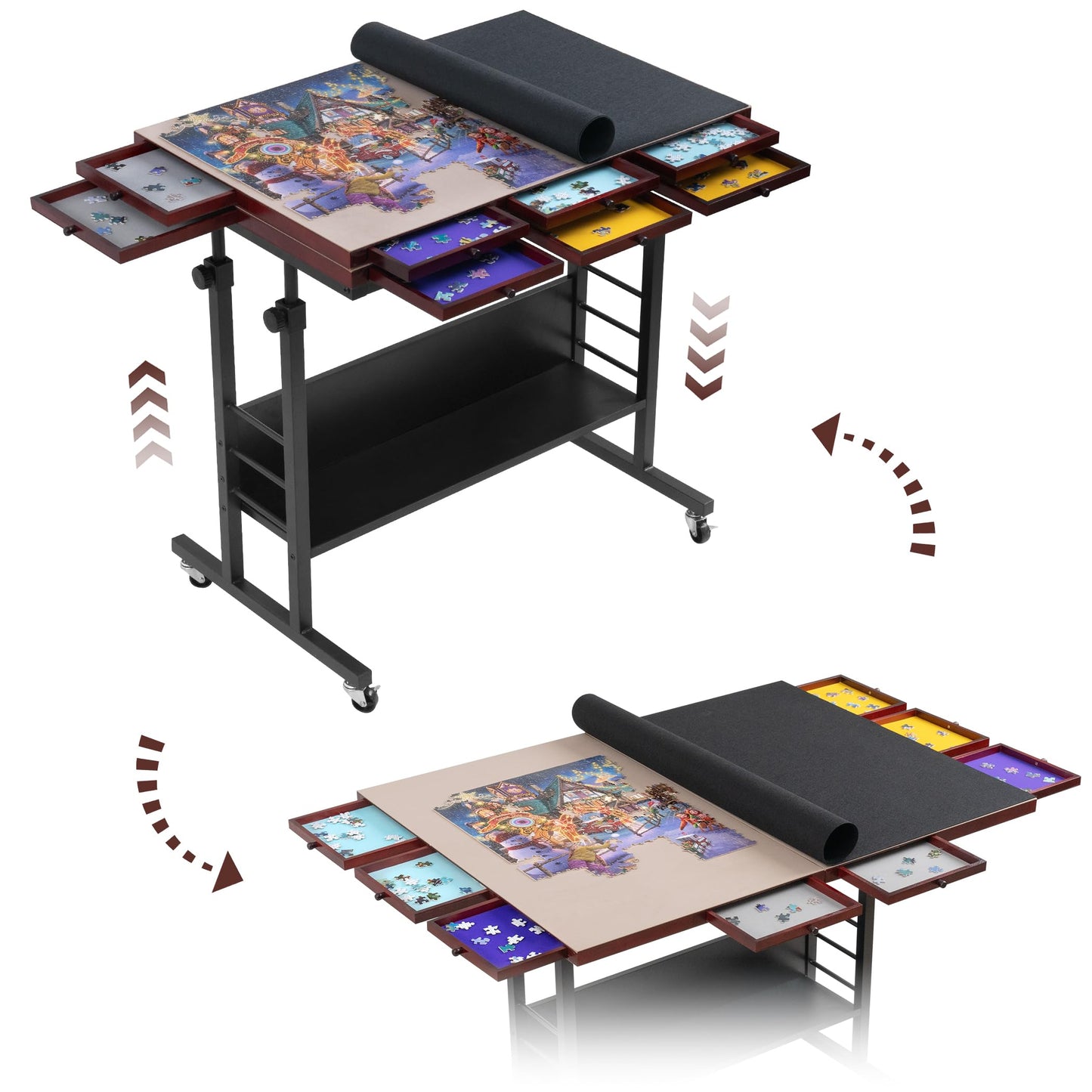 Tektalk 2000 Piece Foldable Puzzle Board With Height Adjustment, Jigsaw Puzzle Table With 2 Felt Cover & 8 Sorting Trays/Drawers, Puzzle Easel With Legs, Enclosed With 4 Roller Wheels (Black)