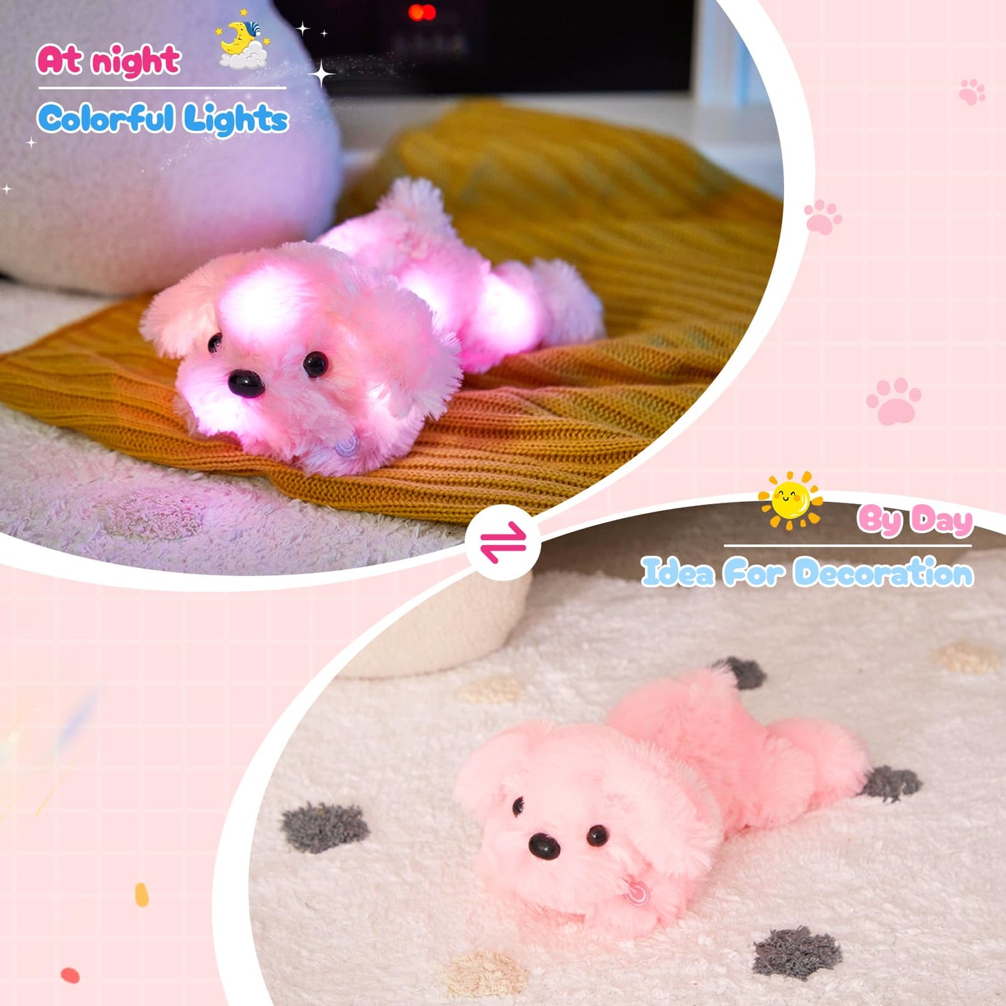 Wewill 10'' Light Up Pink Puppy Dog Led Stuffed Animal With Colorful Night Light Glow Soft Plush Toy Gifts For Kids On Christmas Birthday