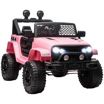 Aosom 12V Kids Ride On Truck With Parent Remote Control, Battery Powered Electric Car With Spring Suspension, Adjustable Speed, Led Lights And Horn, Pink