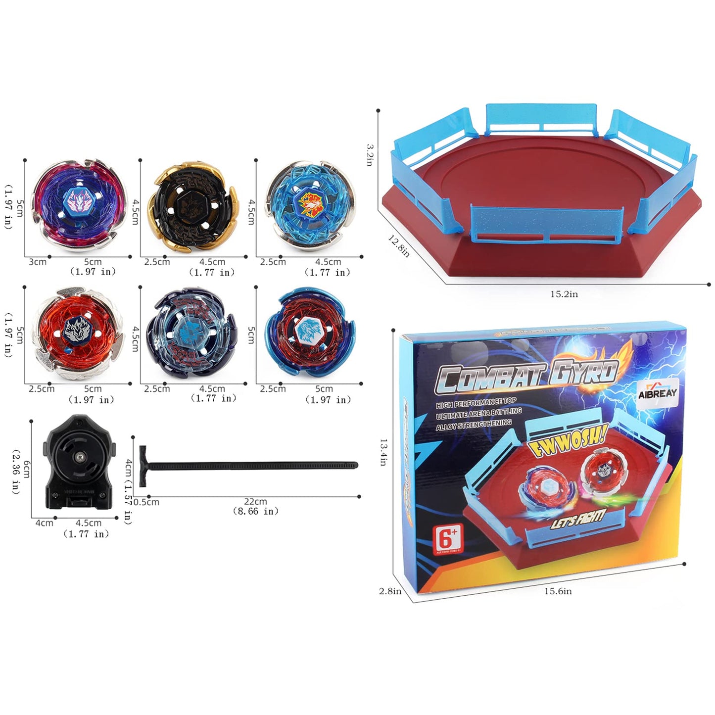AIBREAY Bey Battling Top Stadium Set - 6 Metal Fusion Tops, 2 Launchers, Plastic, Ages 6+