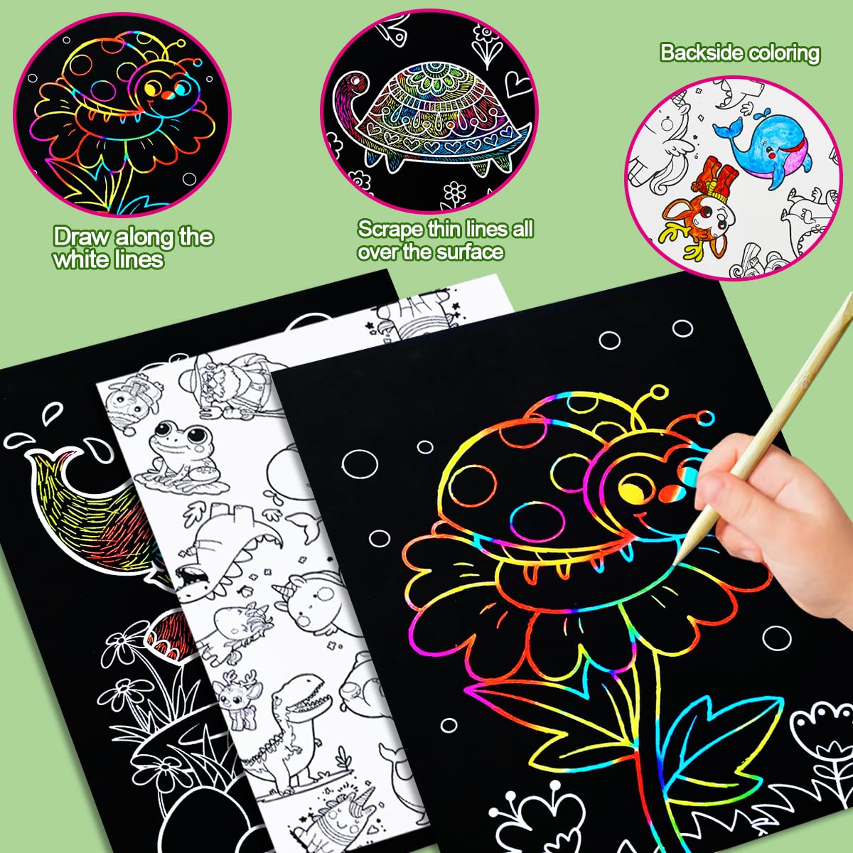 JUNQIU Scratch Art for Kids, Rainbow Scratch Paper Art Set - Animals, Arts and Crafts for Kids Ages 4-8 Girls Boys, Kids Activit