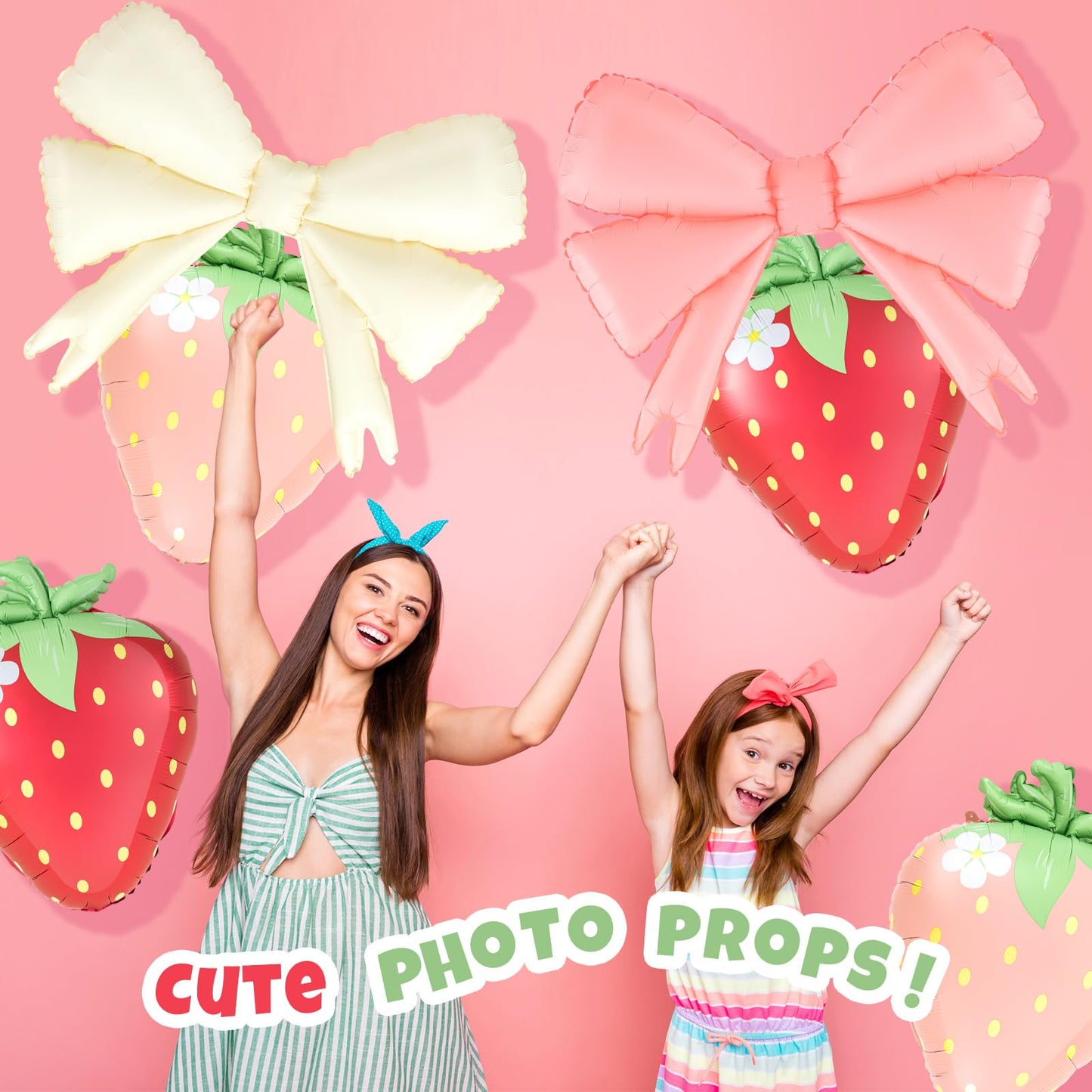Hungdao 8 Pcs Strawberry Party Decorations 23 Inch Strawberry Balloons 30 Inch Pink Big Bow Balloons for Birthday Baby Shower We