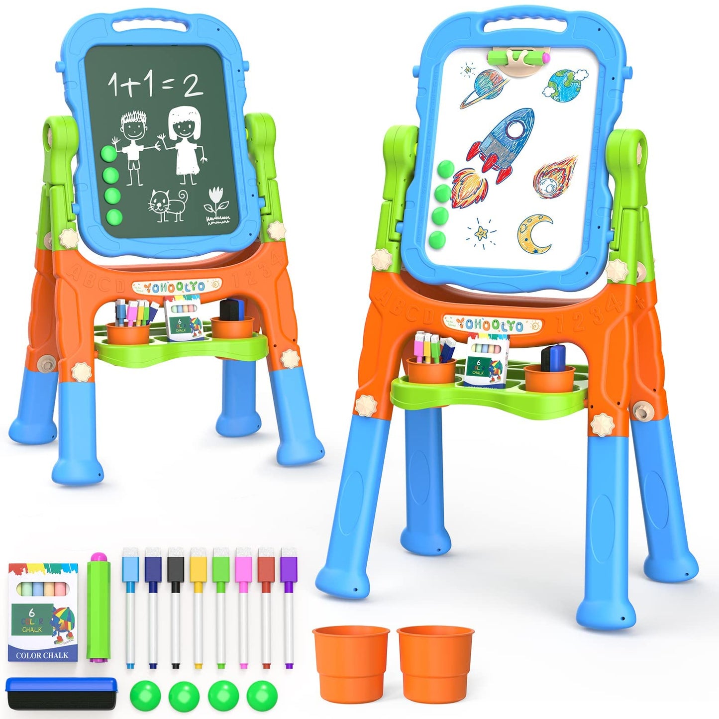 Yohoolyo Kids Easel Standing Art Easel For Kids, Double Sided Magnetic Chalkboard Whiteboard Dry Eraser Board Great Gift For Girls And Boys