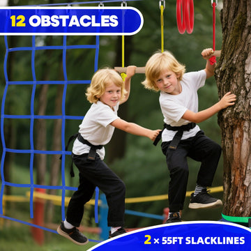 2X55Ft Ninja Warrior Obstacle Course For Kids With 13 Obstacle Course Accessories-Swings, Monkey Bars, Arm Trainers And More, Su