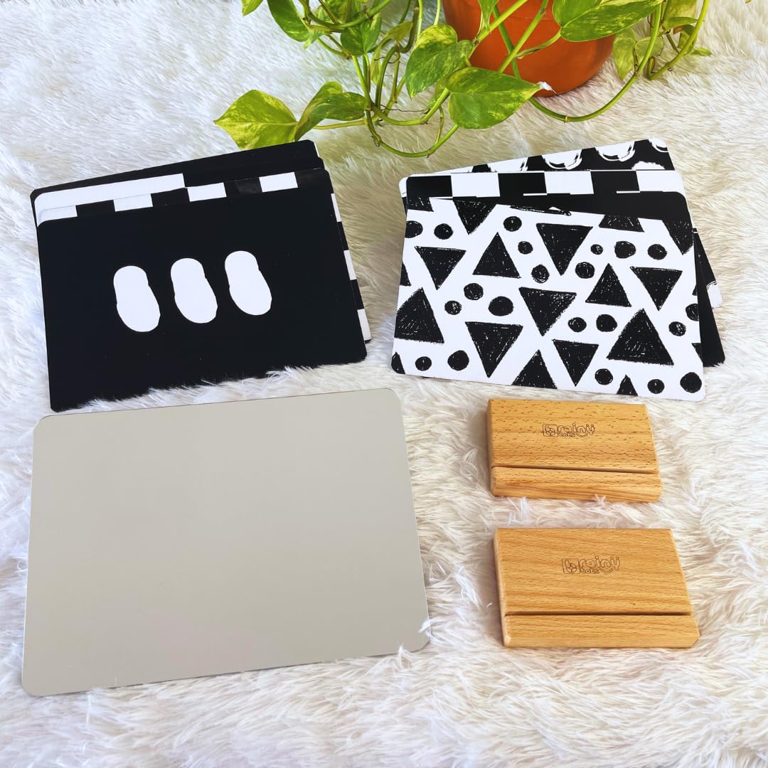 Brainytots High Contrast Flashcards With Mirror And 2 Stands | 4 Simple Design, 4 Complex Design Flashcrds, One Card Mirror And 