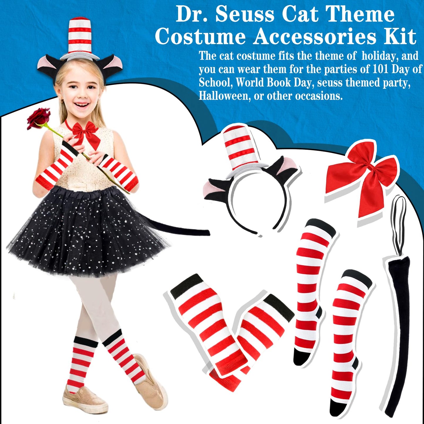 NinkyNonk 8PCS 100th Day of School Cat Costume with Headband, Tail, Tutu, Bowtie, Arm Warmers, Stockings for Toddler Girls Cospl
