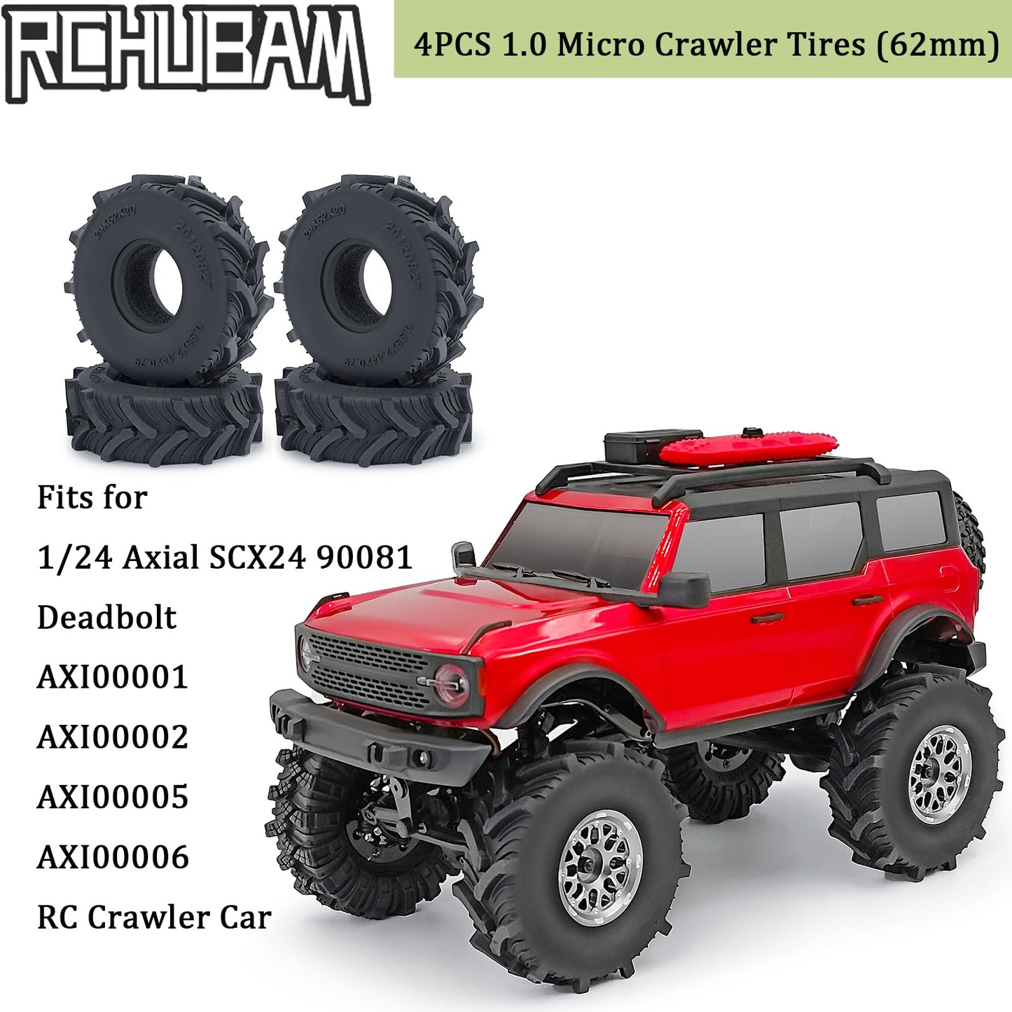 RCHUBAM 4PCS 1.0'' Micro Crawler Tires Rubber Mud Tires for 1/18 TRX4M 1/24 Axial SCX24 90081 AXI00001 AXI00002 AXI00005 AXI0000