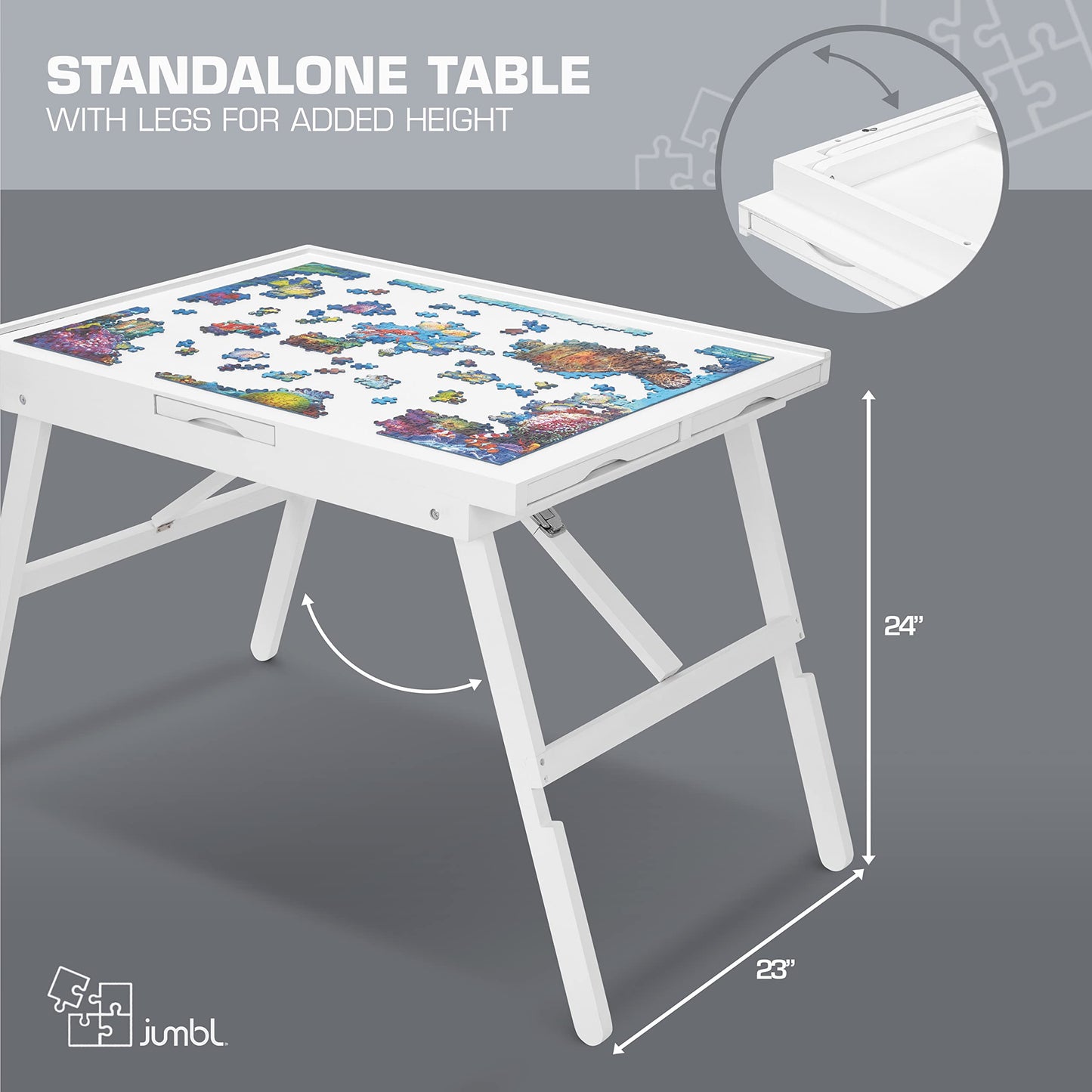 Jumbl 1000-Piece Puzzle Table W/Cover | 23” X 31” Jigsaw Puzzle Board W/Legs 6 Removable Storage & Sorting Drawers | Smooth Plateau Fiberboard Work Surface & Reinforced Hardwood | For Games & Puzzles
