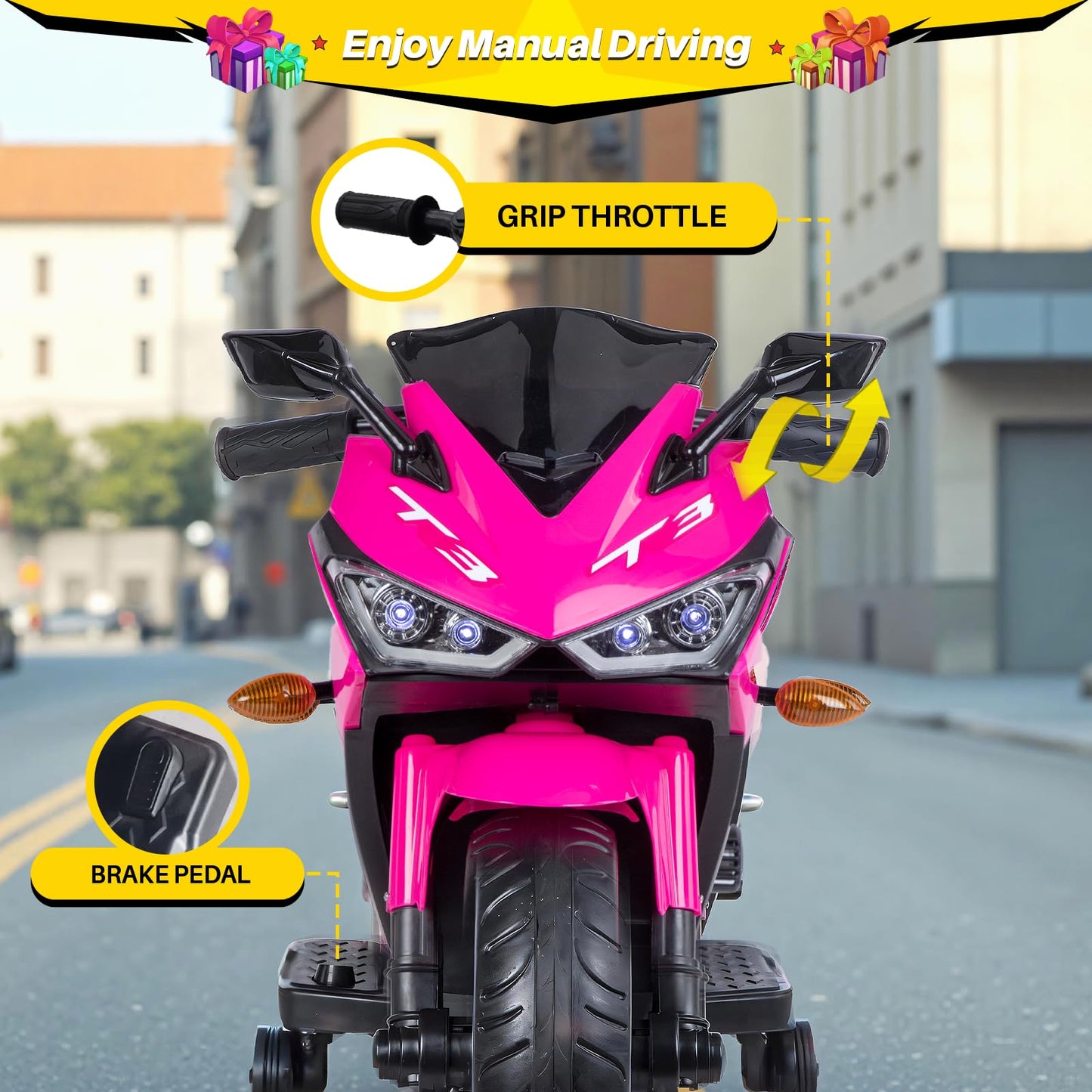 Blitzshark 12V Electric Motorcycle  Kids Motorcycle with Training Wheel  7AH Battery Ride On Motorbike for Kids  3.2 MPH Max Speed  Twist Grip Throttle  Brake Pedal  Soft Tires Extra Long Seat  Pink