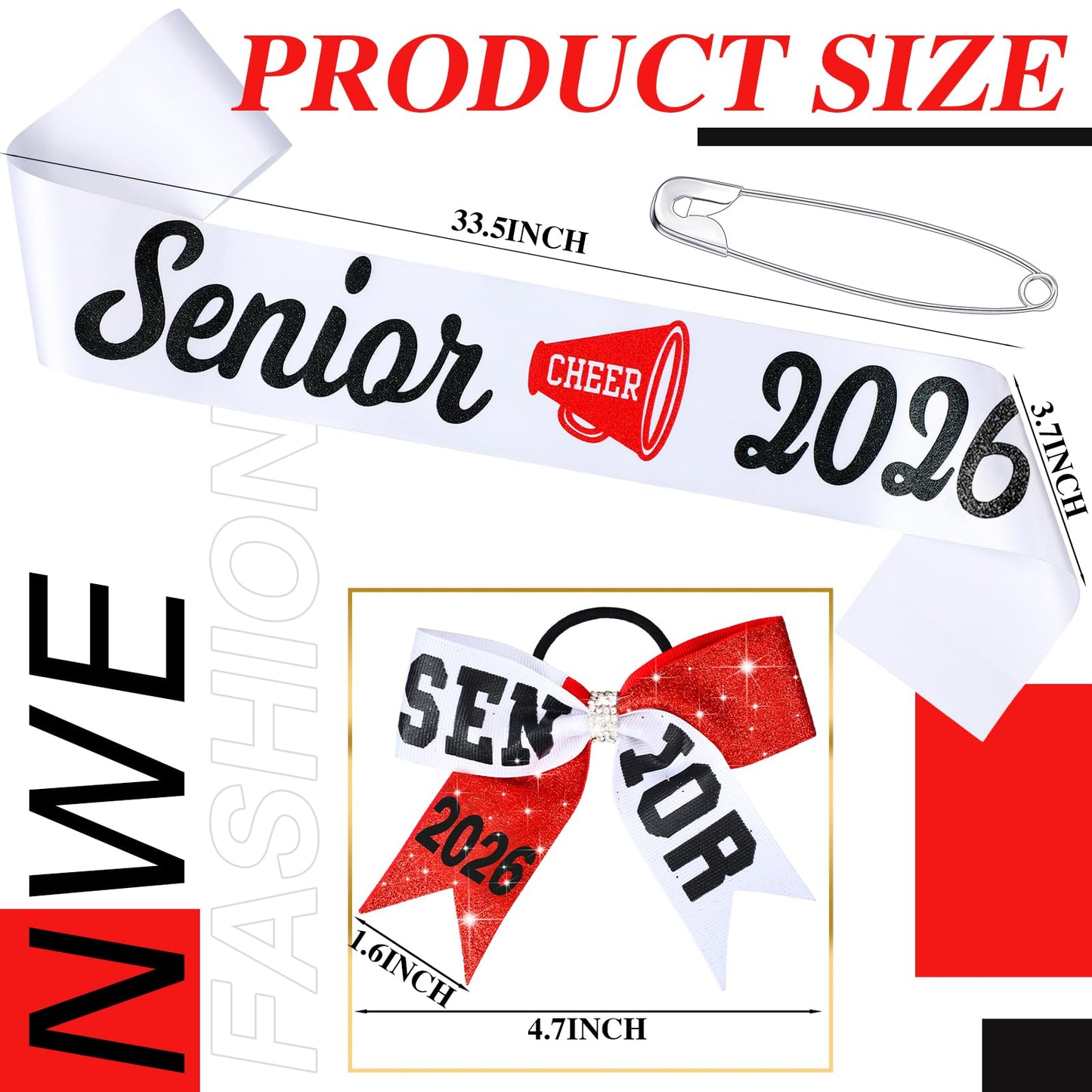 Vinsatin 6 Set Senior Sash - Glitter Cheer Hair Bow, Red White, 66.93 x 3.74 inches, Perfect for Senior Night Decor and Cheerleader Gifts