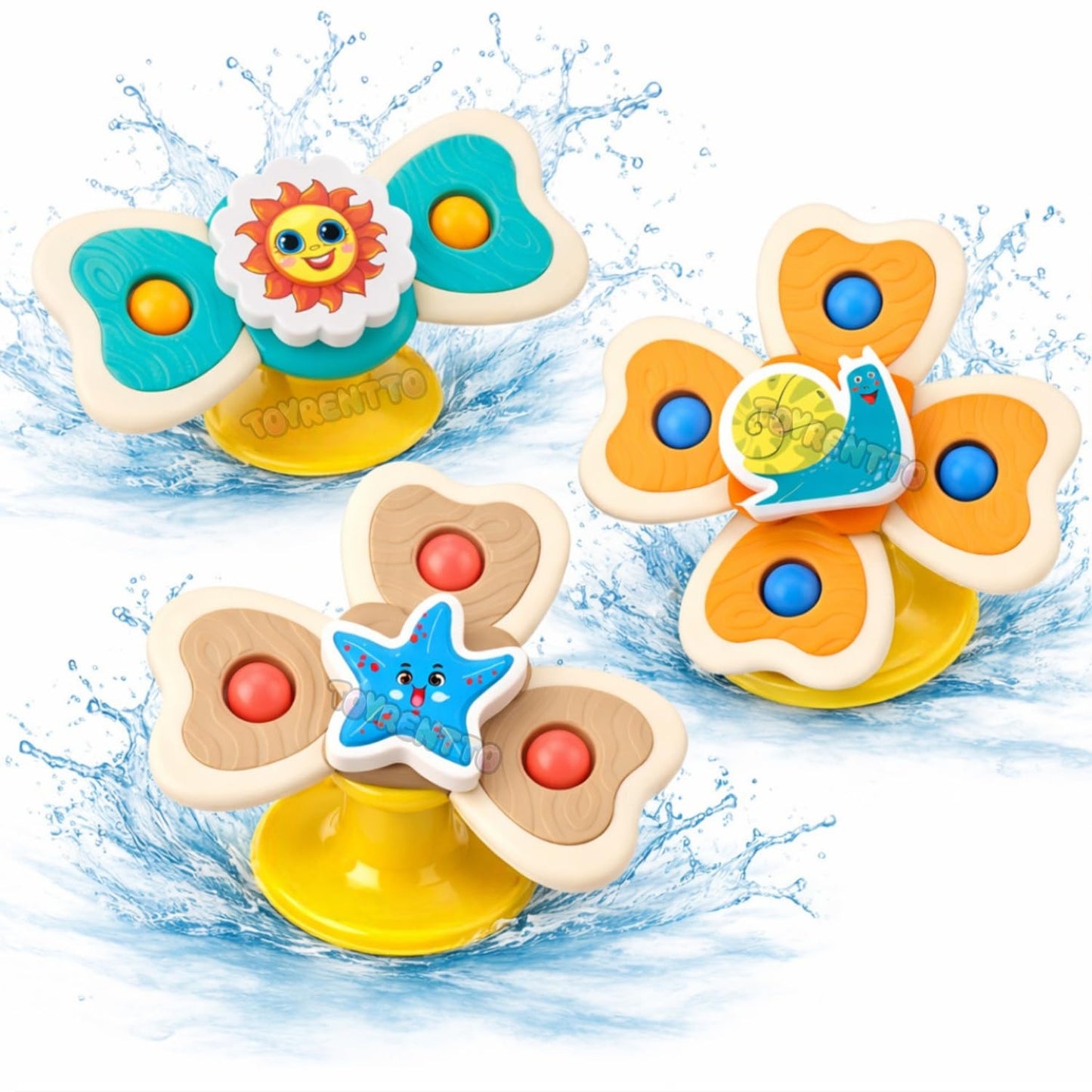 Toyrentto Suction Spinner Bath Toys For Babies & Toddlers | Fidget Spinning Sensory Toy Set (3 Pcs) | Sticks To Bath, Car Window