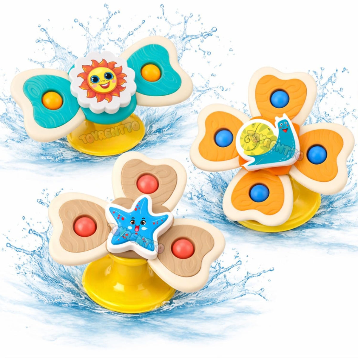 Toyrentto Suction Spinner Bath Toys For Babies & Toddlers | Fidget Spinning Sensory Toy Set (3 Pcs) | Sticks To Bath, Car Window