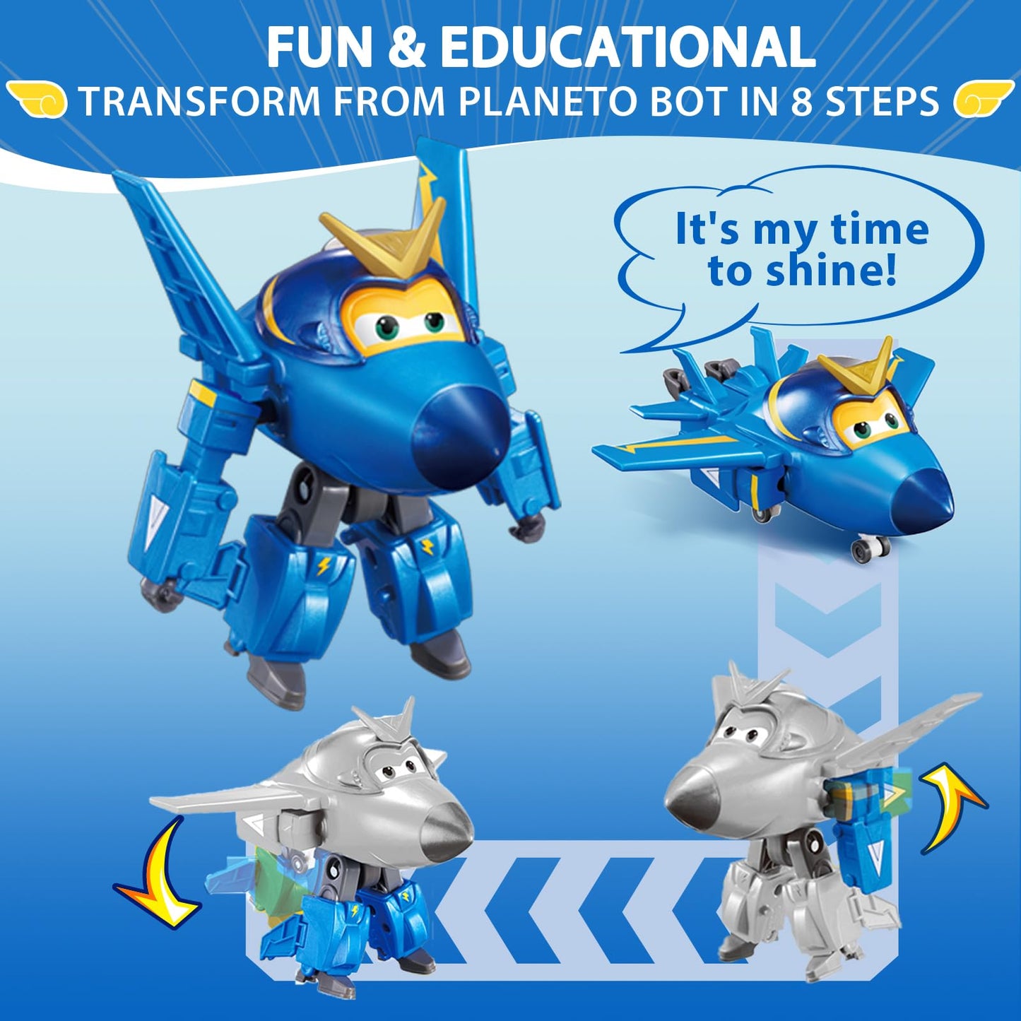 Super Wings Transformer Toys - 5 in 1 Jerome Airplane Action Figures - Blue Plastic Rescue Bots for Kids Age 3-7