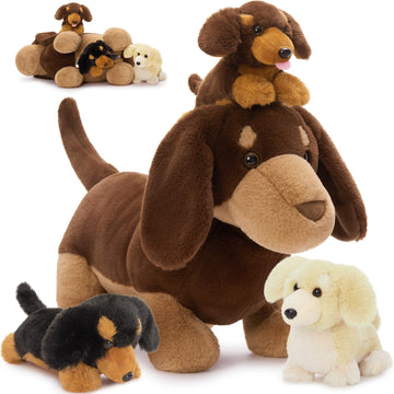 Muiteiur 4 Pcs Dachshund Stuffed Animals,18 Inch Mommy Dog Plush Toy With 3 Puppies,Soft Stuffed Weiner Dog,Cute Plush Toy Gift